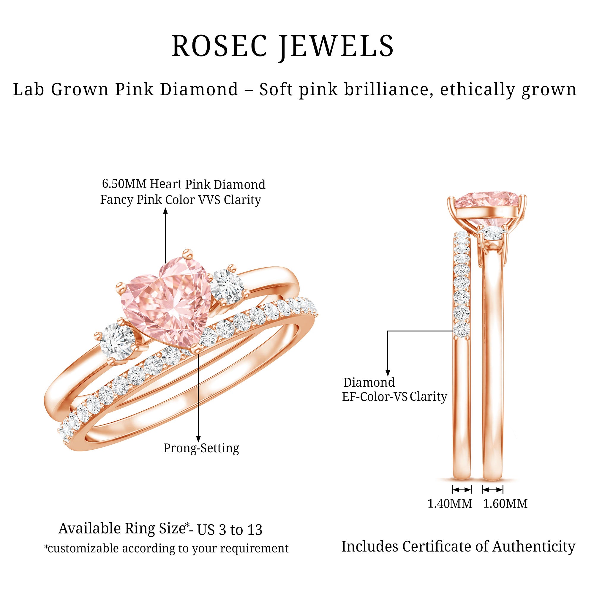 IGI Certified Lab Grown Pink Heart Engagement Ring With Diamond Wedding Band E-VS1 - Rosec Jewels