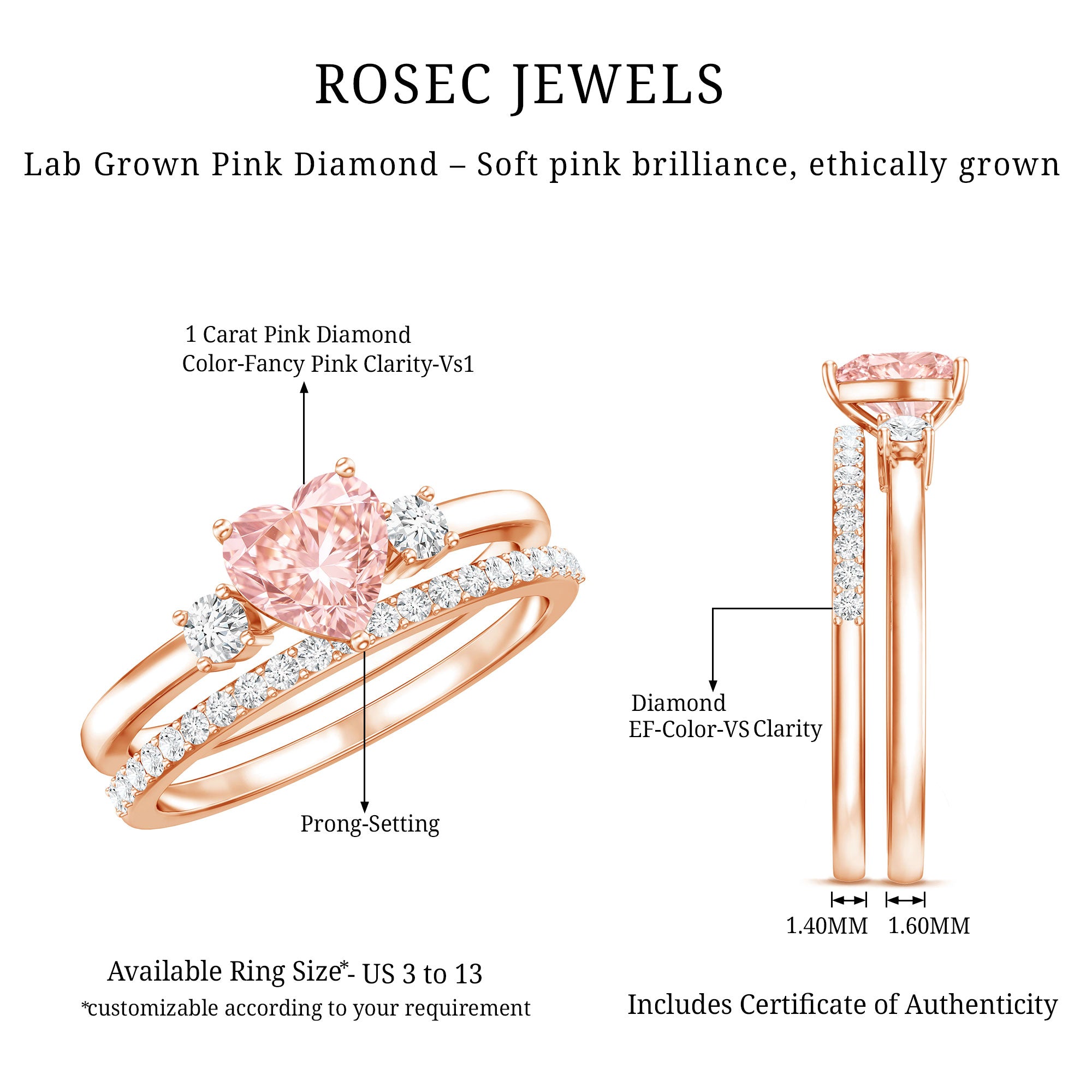 IGI Certified Lab Grown Pink Heart Engagement Ring With Diamond Wedding Band Fancy Pink - VS1 - Rosec Jewels