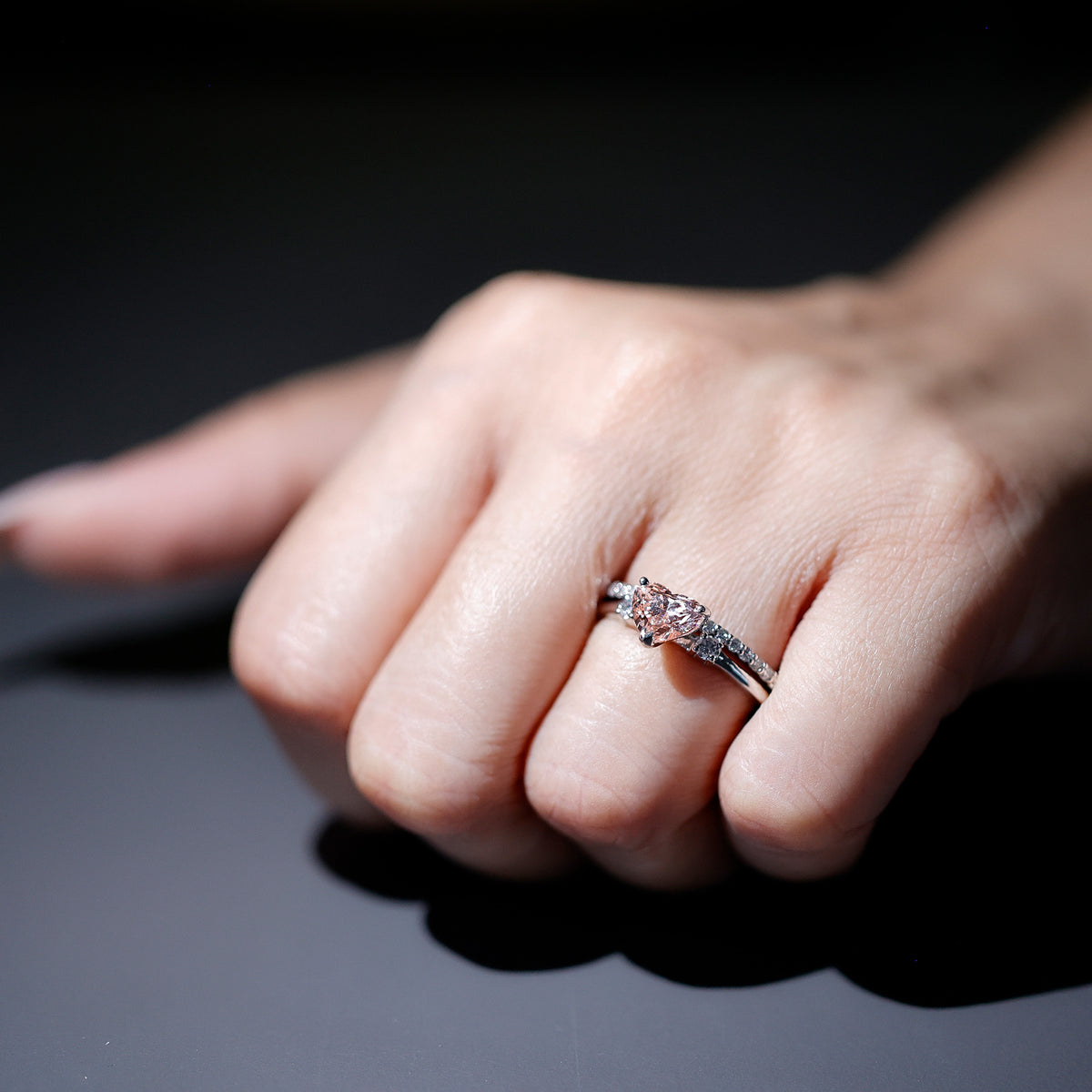 IGI Certified Lab Grown Pink Heart Engagement Ring With Diamond Wedding Band Fancy Pink - VS1 - Rosec Jewels