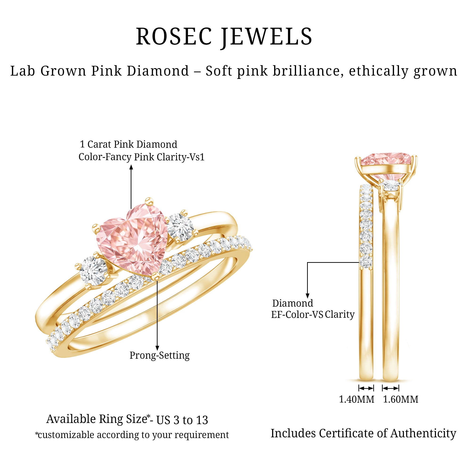 IGI Certified Lab Grown Pink Heart Engagement Ring With Diamond Wedding Band Fancy Pink - VS1 - Rosec Jewels
