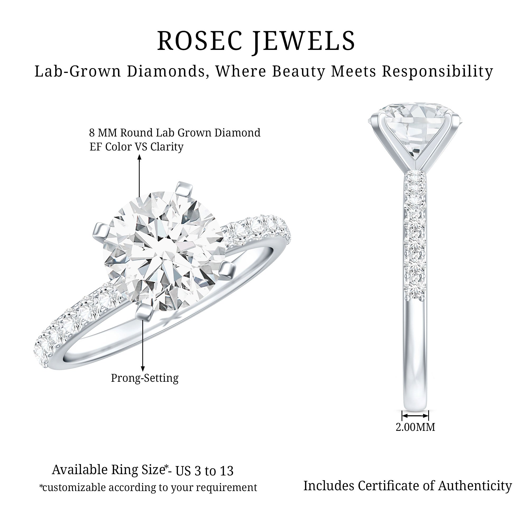 Solitaire 2 Carat Lab Grown Diamond Engagement Ring with IGI Certificate Lab - ( E-VS1 ) - Rosec Jewels