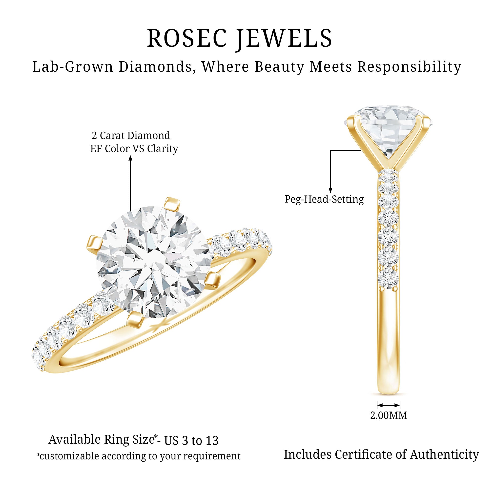 Solitaire 2 Carat Lab Grown Diamond Engagement Ring with IGI Certificate Lab - ( E-VS1 ) - Rosec Jewels