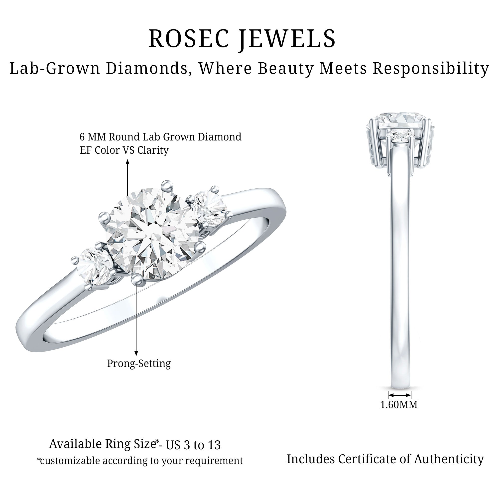 IGI Certified Lab Grown Diamond Three Stone Engagement Ring Lab - ( E-VS1 ) - Rosec Jewels