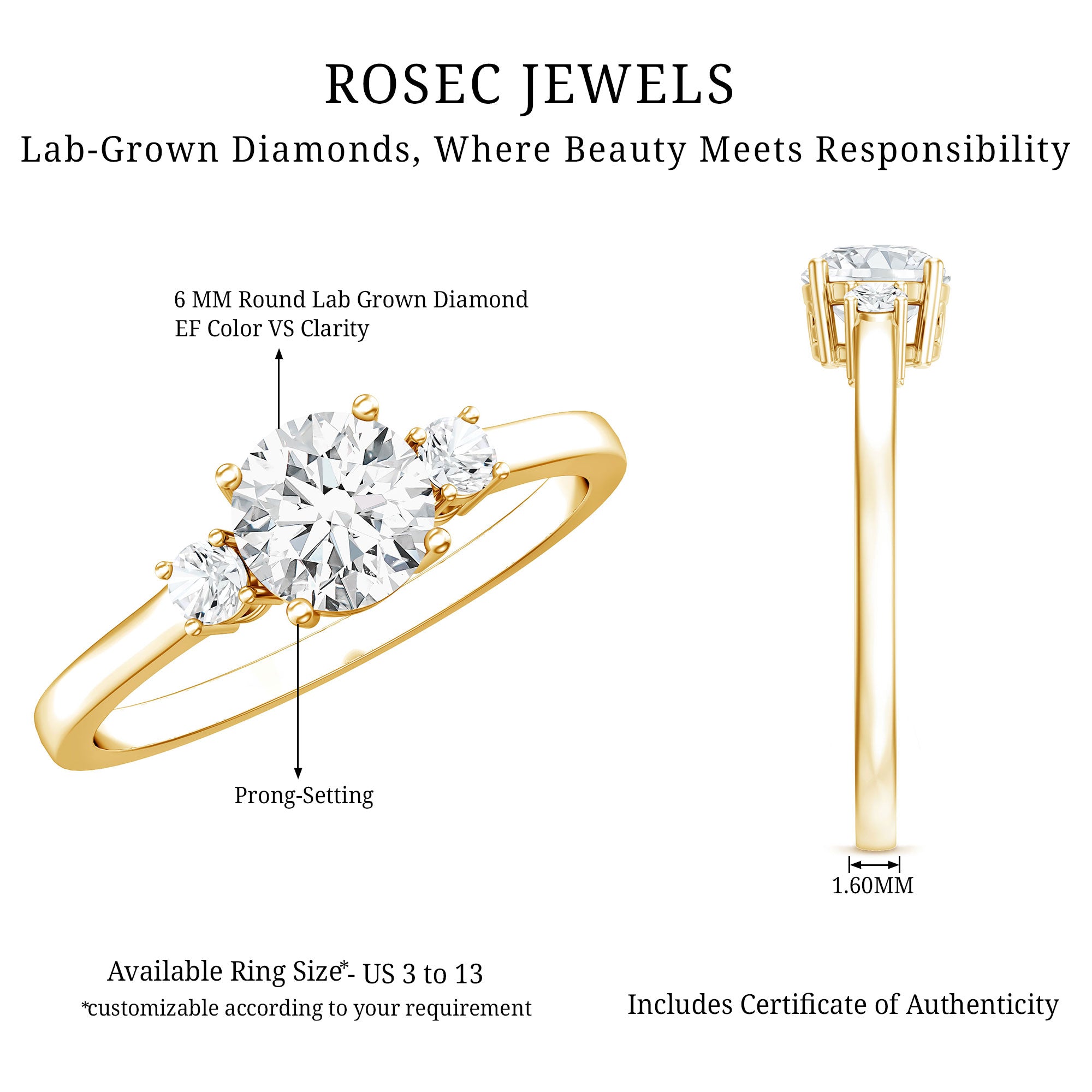 IGI Certified Lab Grown Diamond Three Stone Engagement Ring Lab - ( E-VS1 ) - Rosec Jewels