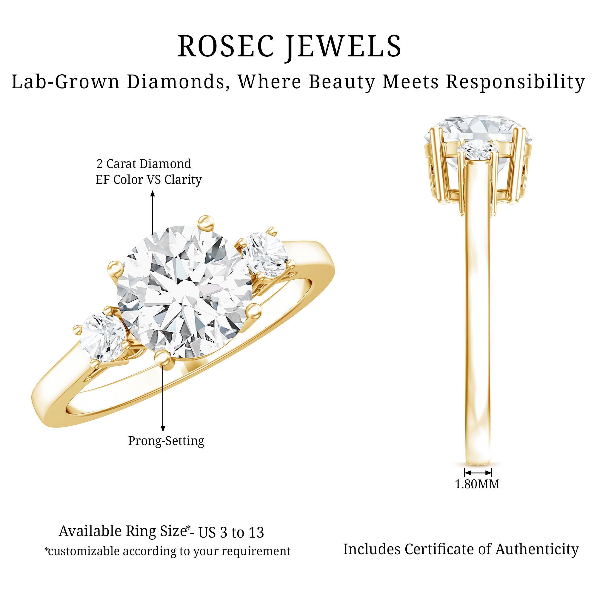 IGI Certified Round Cut Lab Grown Diamond 2 Carat Engagement Ring Lab - ( E-VS1 ) - Rosec Jewels