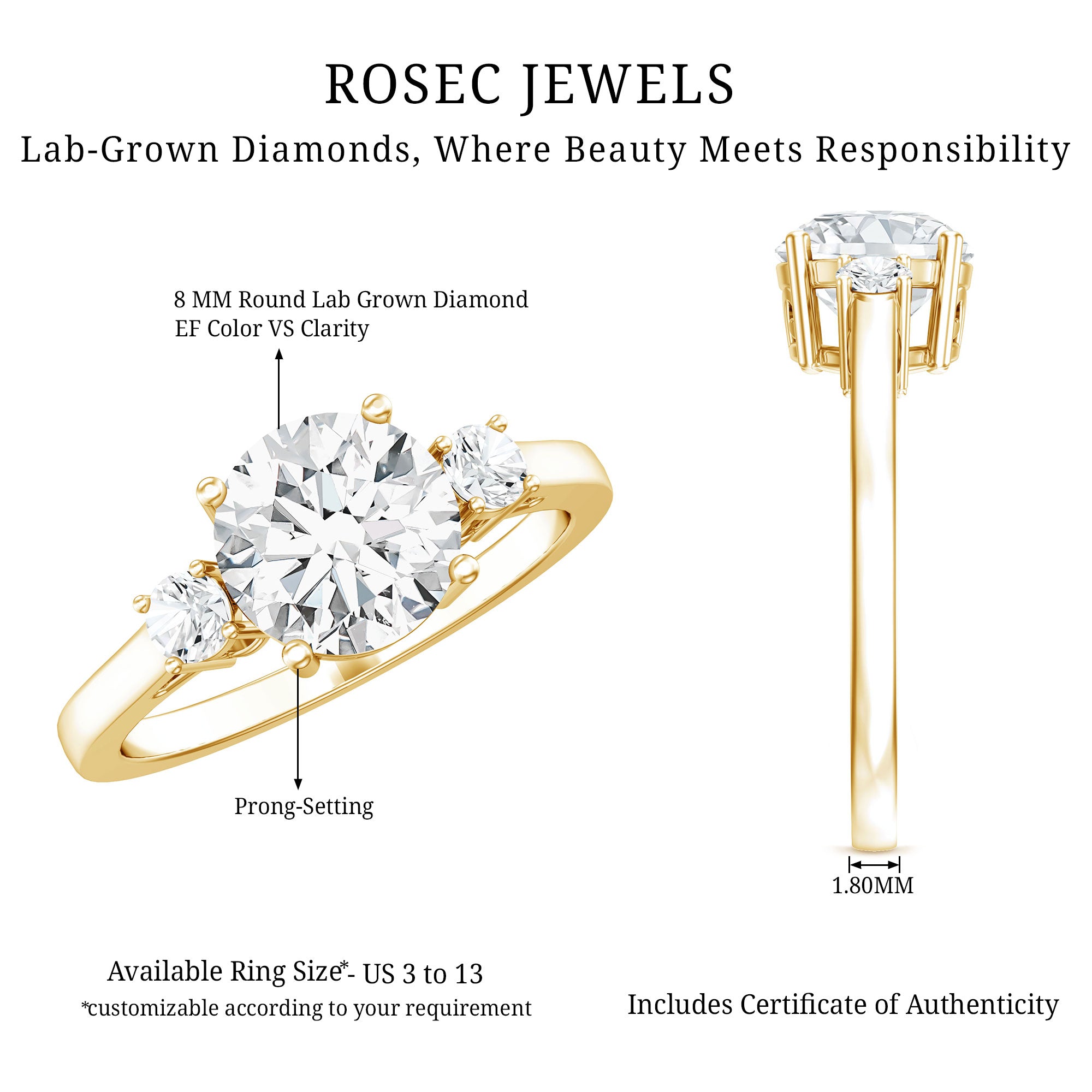 Rosec Jewels-IGI Certified Round Cut Lab Grown Diamond 2 Carat Engagement Ring