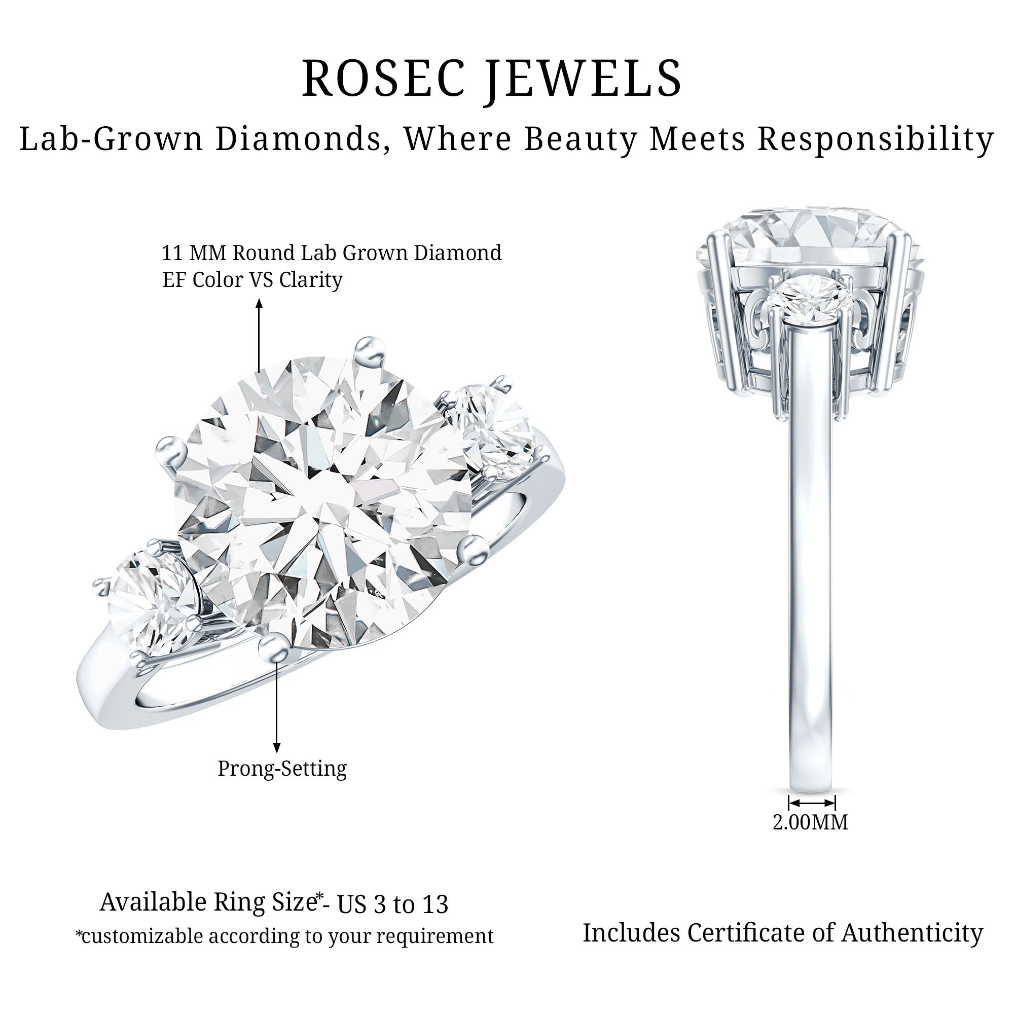 5 Carat Lab Grown Diamond 3 Stone Engagement Ring with IGI Certificate Lab - ( E-VS1 ) - Rosec Jewels
