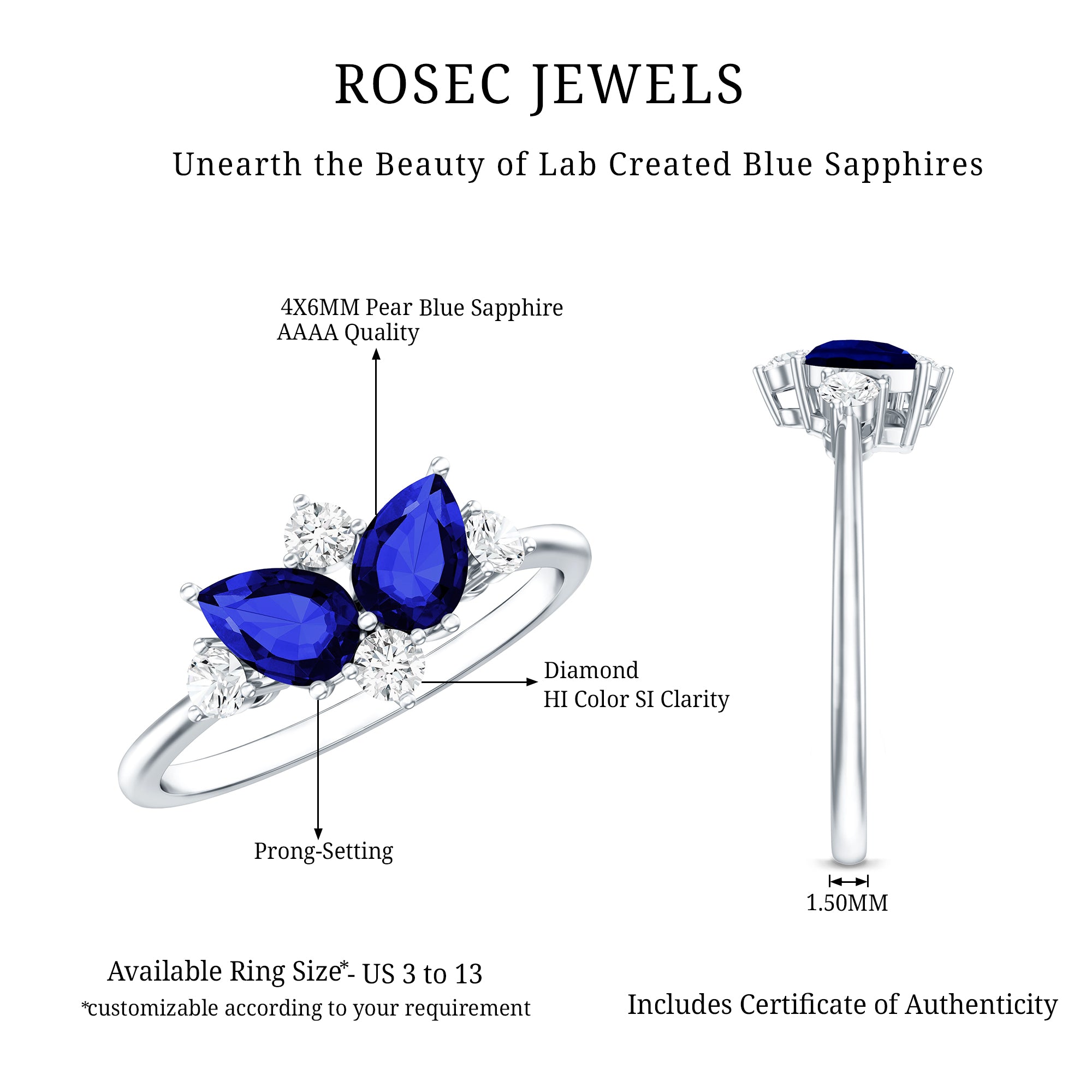 Lab Created Blue Sapphire and Diamond Cluster Ring AAAA - Rosec Jewels