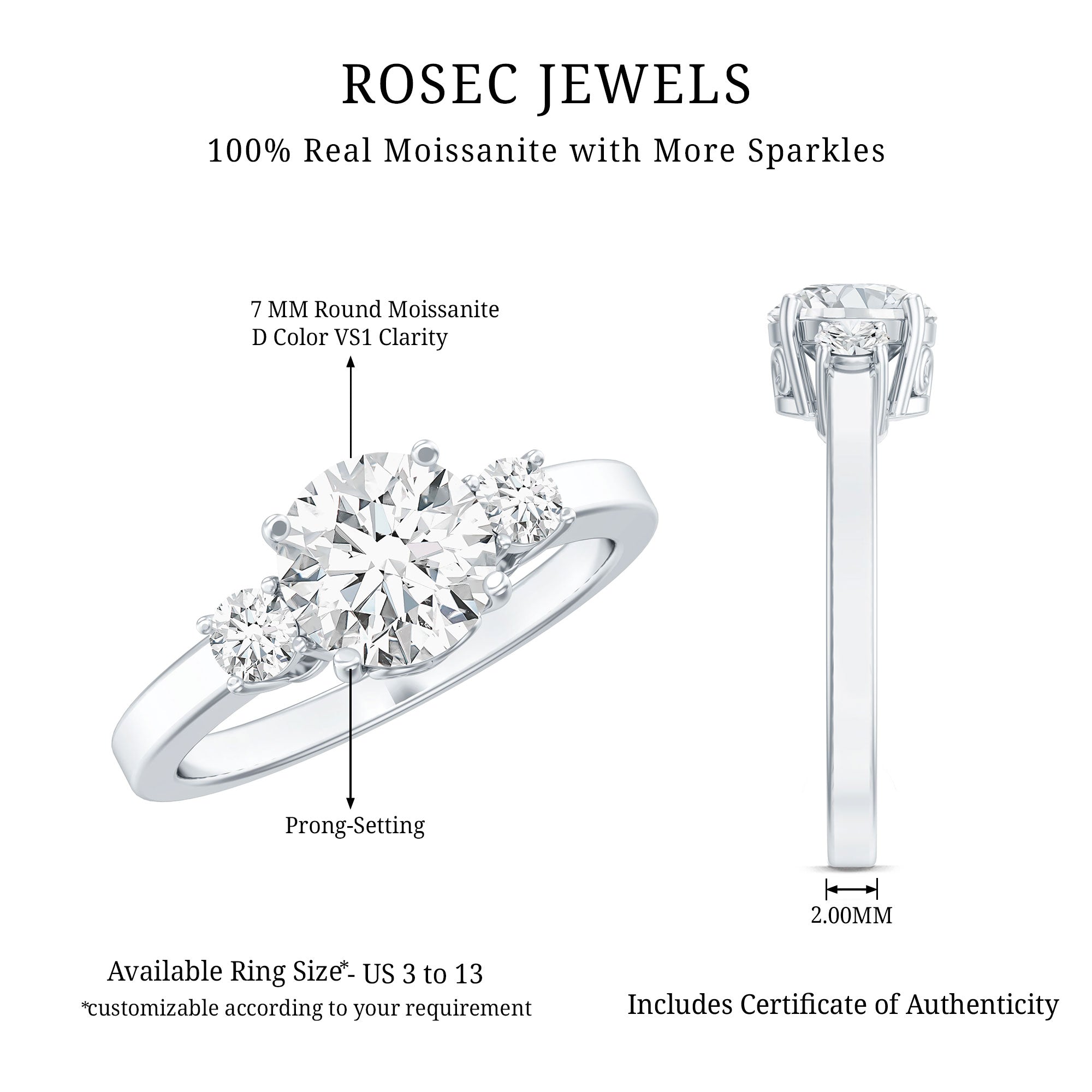 Moissanite Three Stone Round Engagement ring D-VS1 - Rosec Jewels