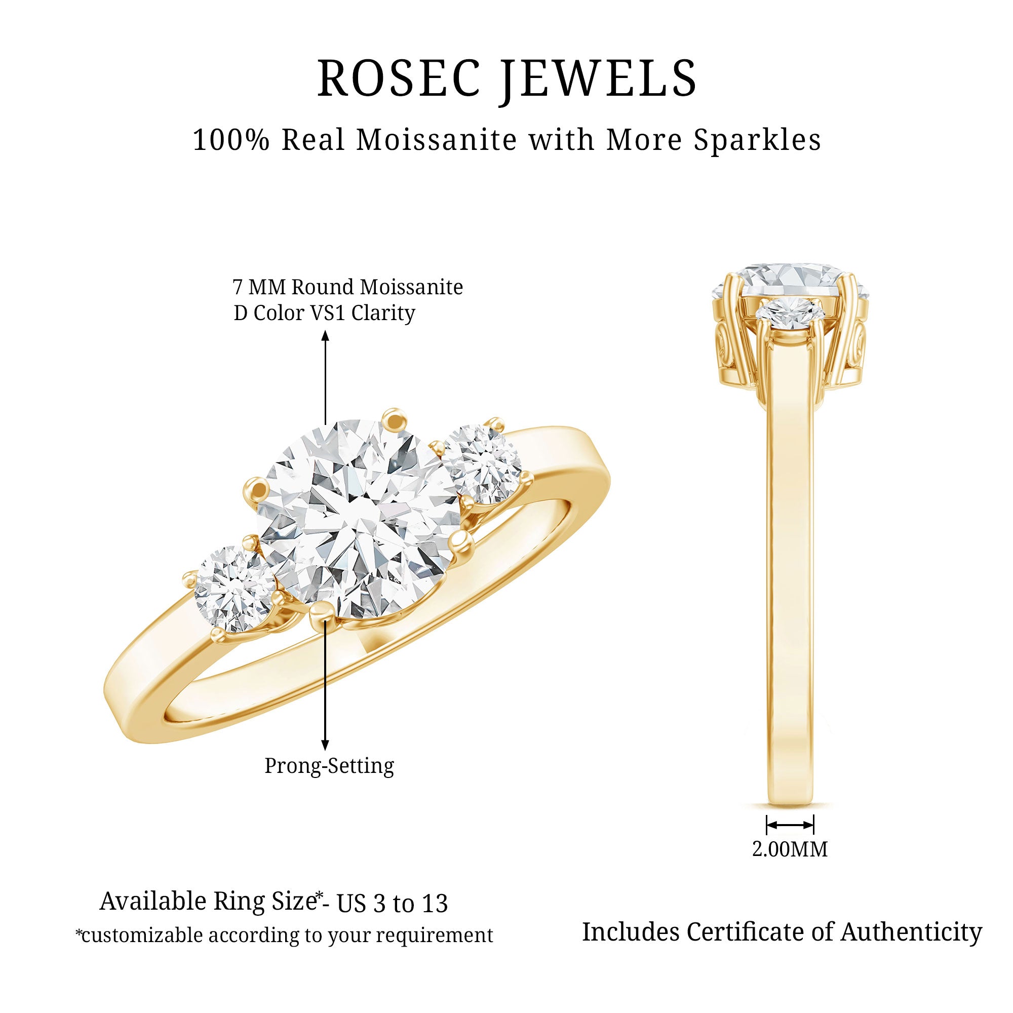 Moissanite Three Stone Round Engagement ring D-VS1 - Rosec Jewels