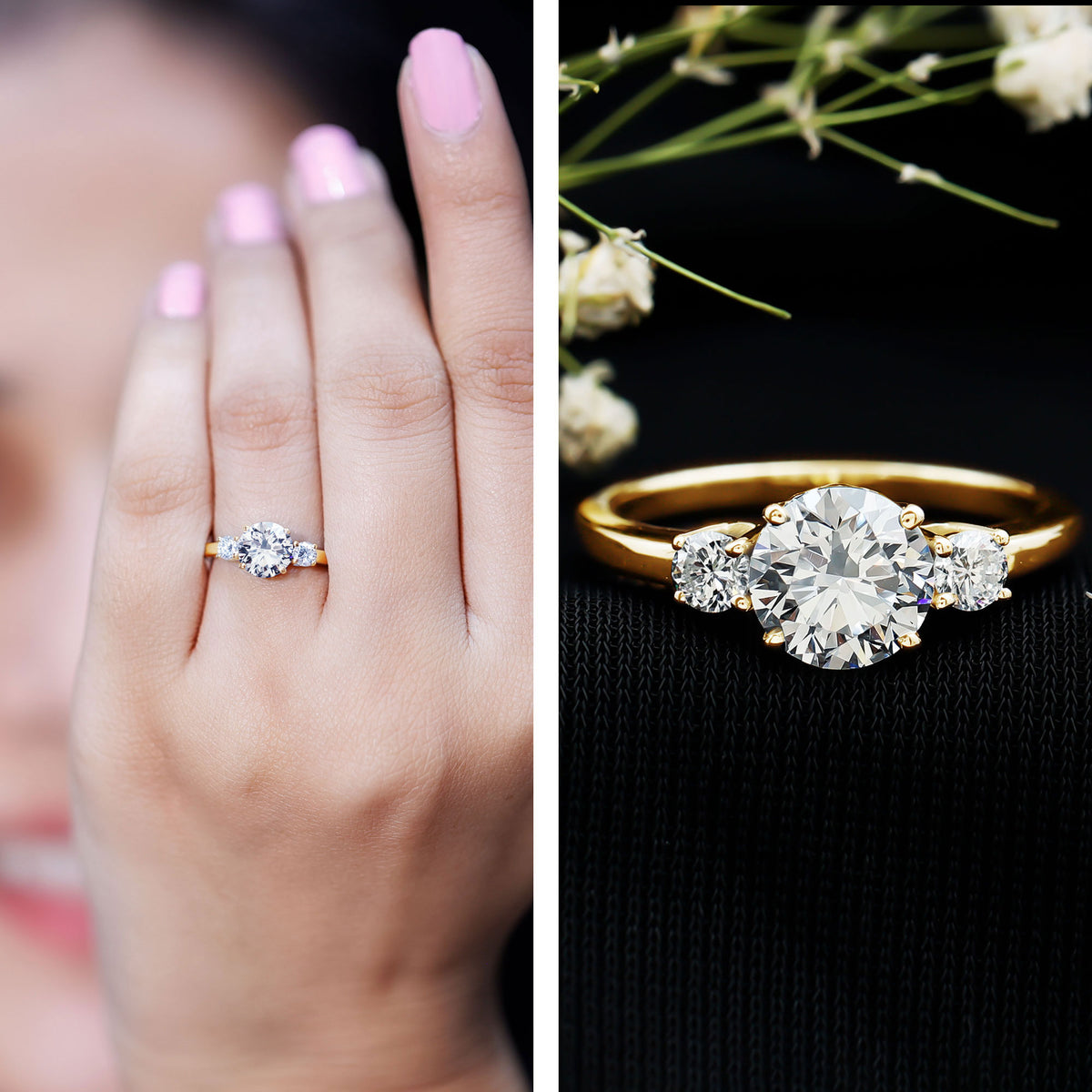 Moissanite Three Stone Round Engagement ring D-VS1 - Rosec Jewels