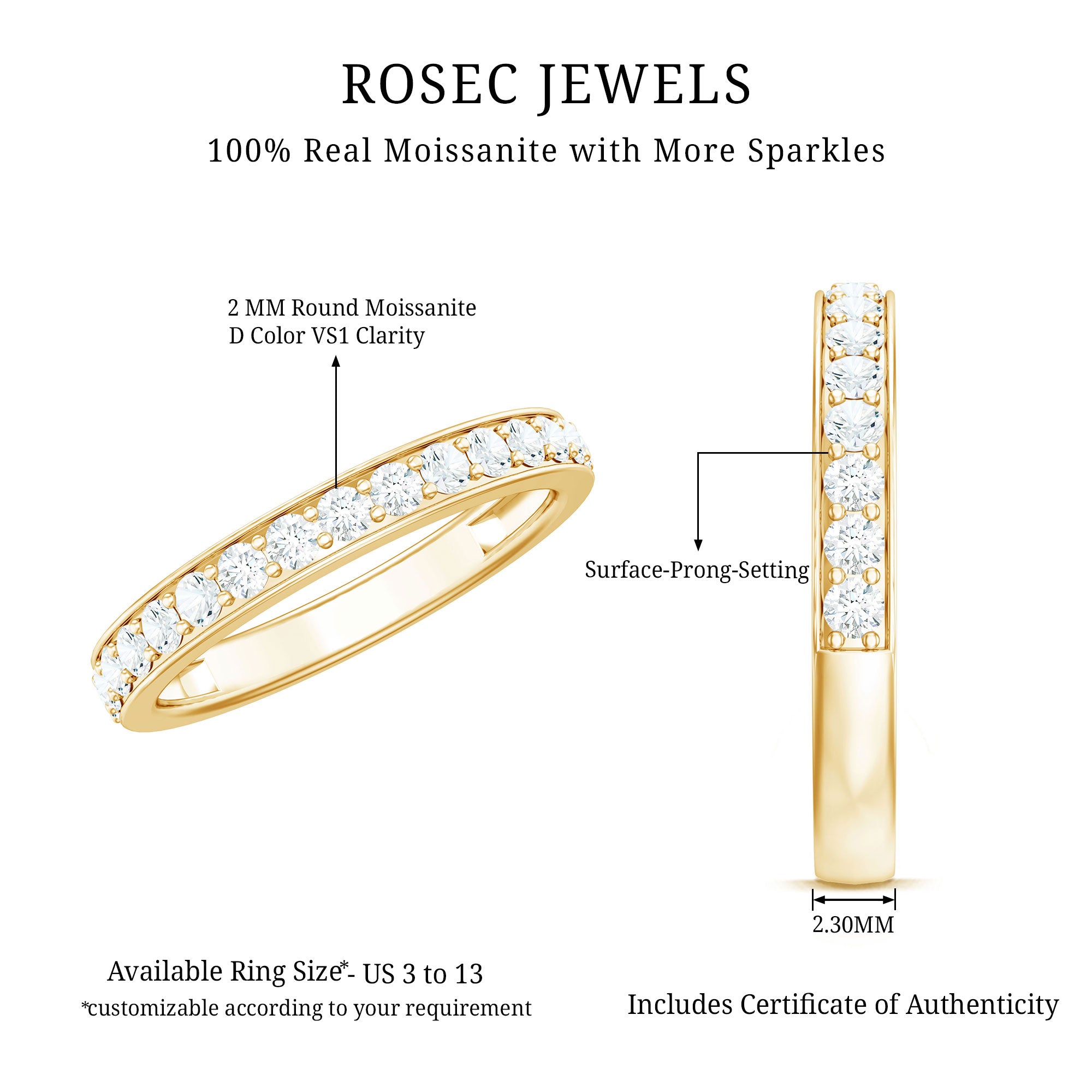 Certified Moissanite Half Eternity Ring D-VS1 - Rosec Jewels