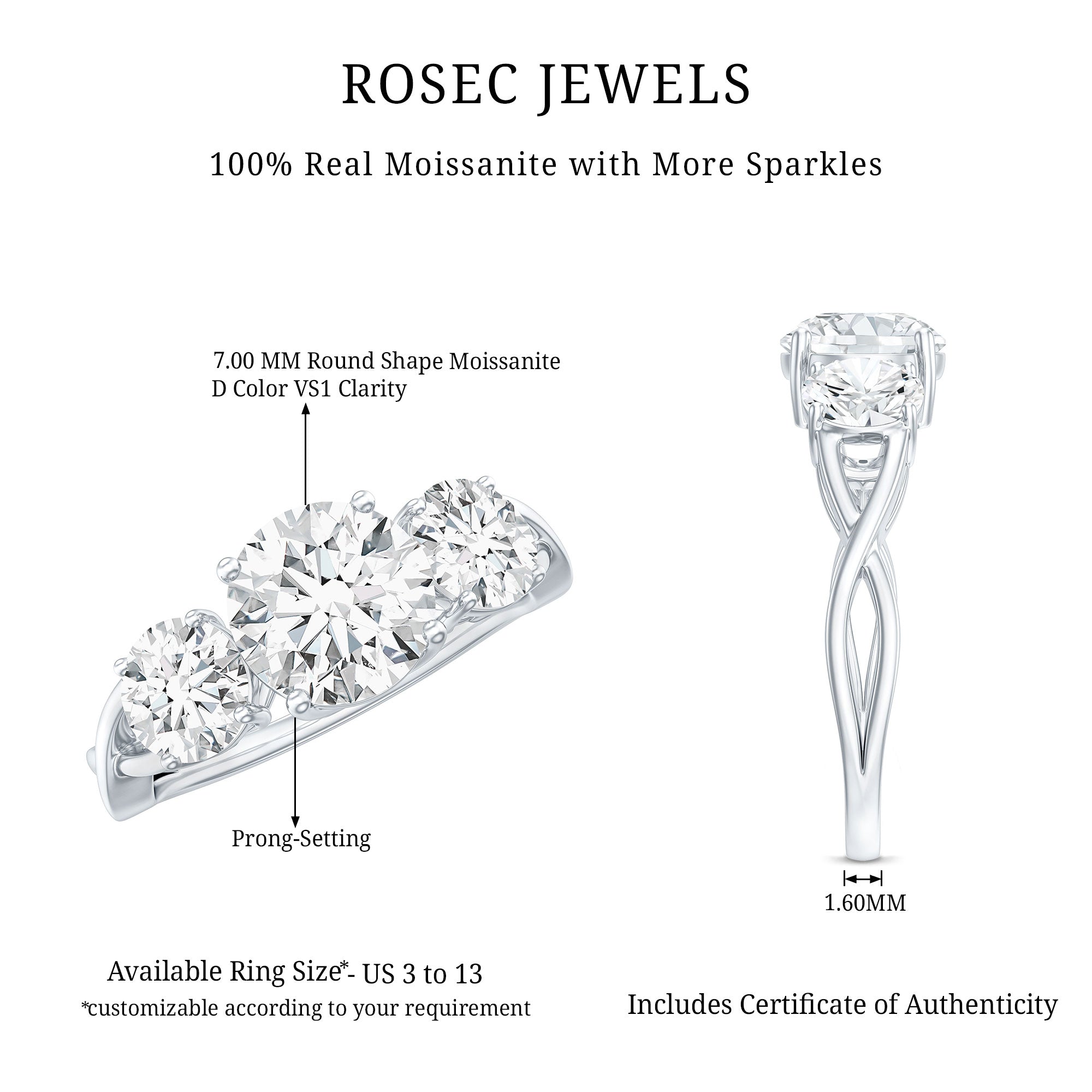 3 Stone Round Moissanite Crossover Engagement Ring D-VS1 - Rosec Jewels