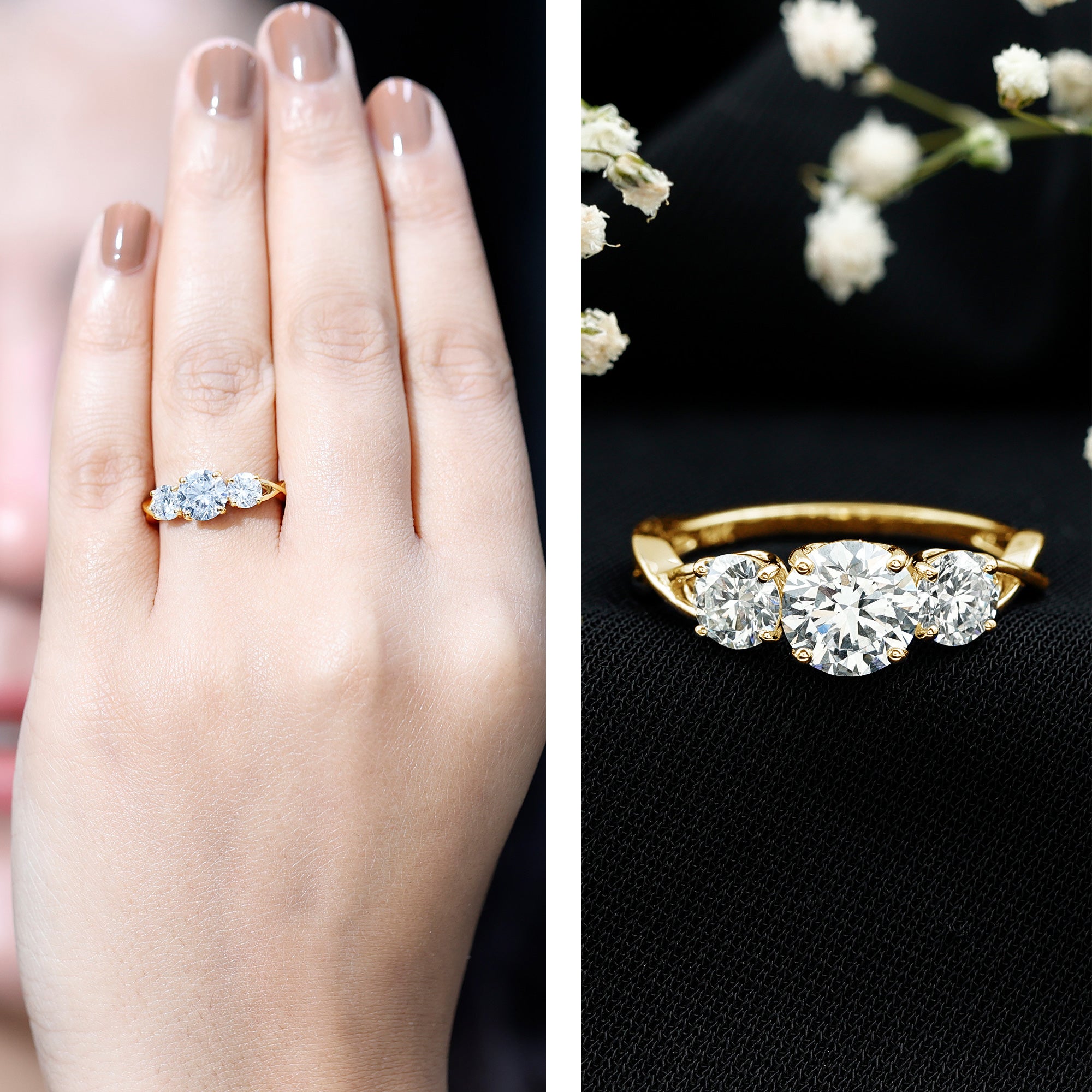 3 Stone Round Moissanite Crossover Engagement Ring D-VS1 - Rosec Jewels