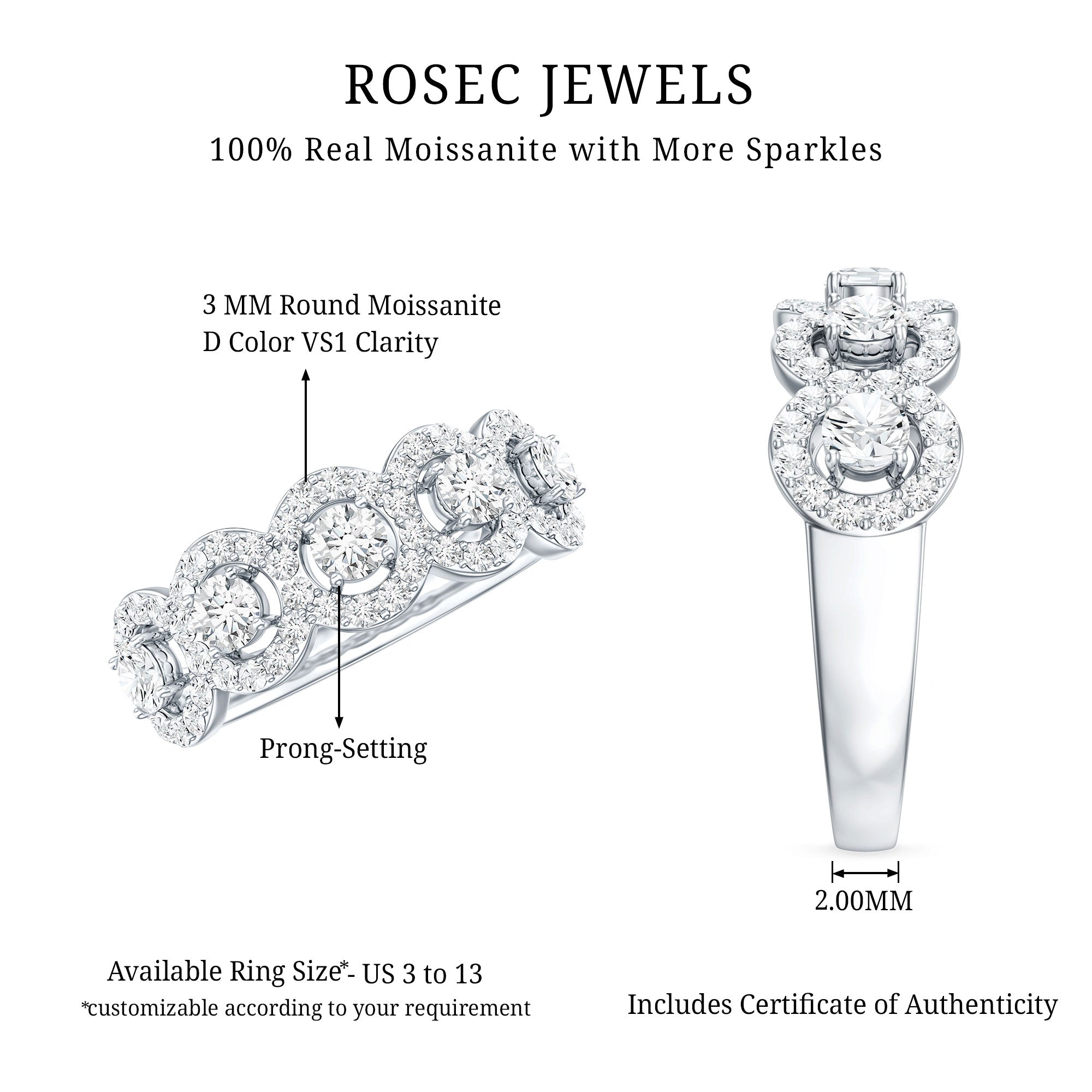 1.25 CT Round Cut Moissanite Halo Classic Band Ring D-VS1 - Rosec Jewels