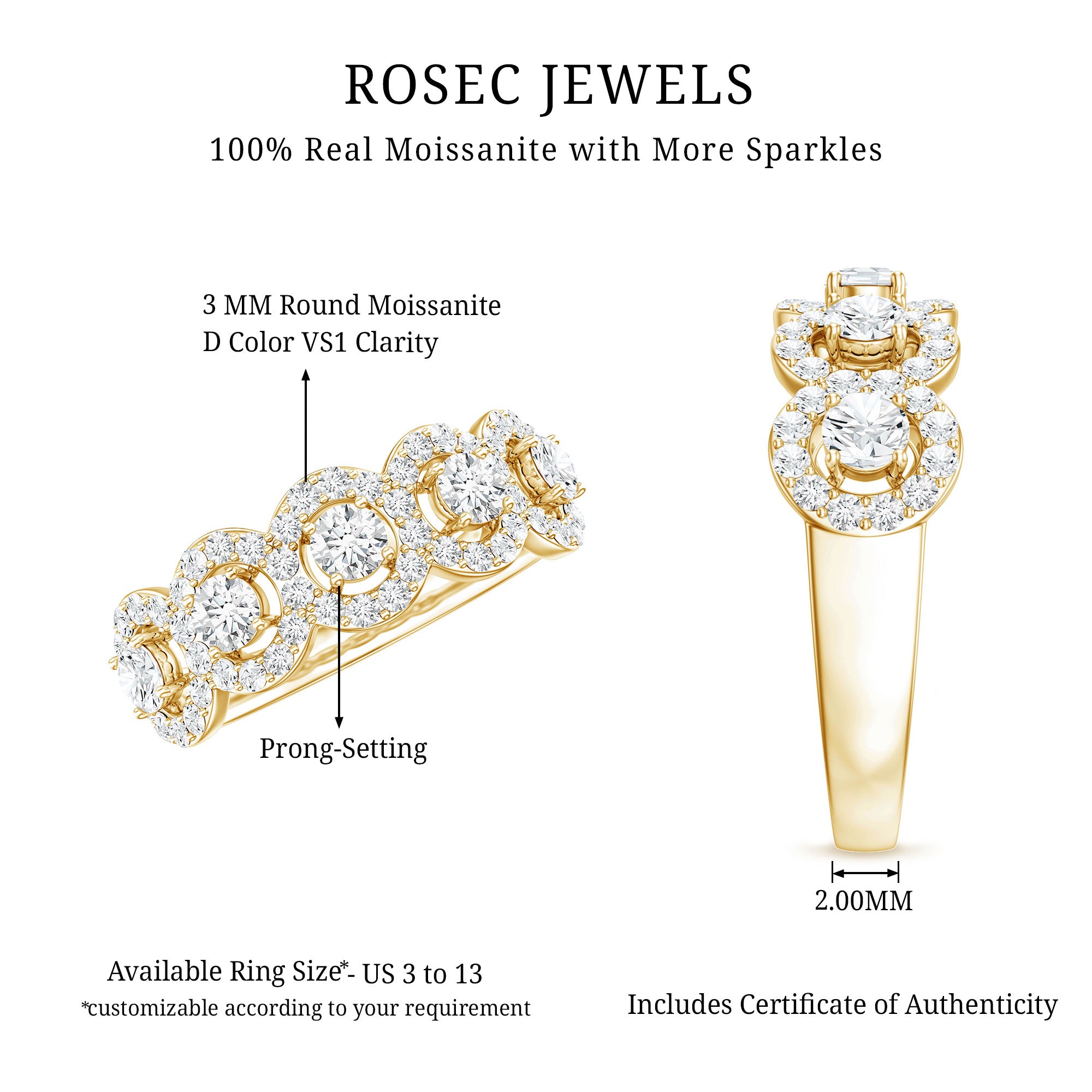 1.25 CT Round Cut Moissanite Halo Classic Band Ring D-VS1 - Rosec Jewels
