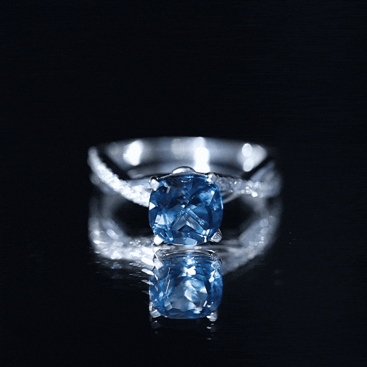2.8 Carat Cushion Cut London Blue Topaz Solitaire Engagement Ring with Diamond Crossover Shank AAA - Rosec Jewels