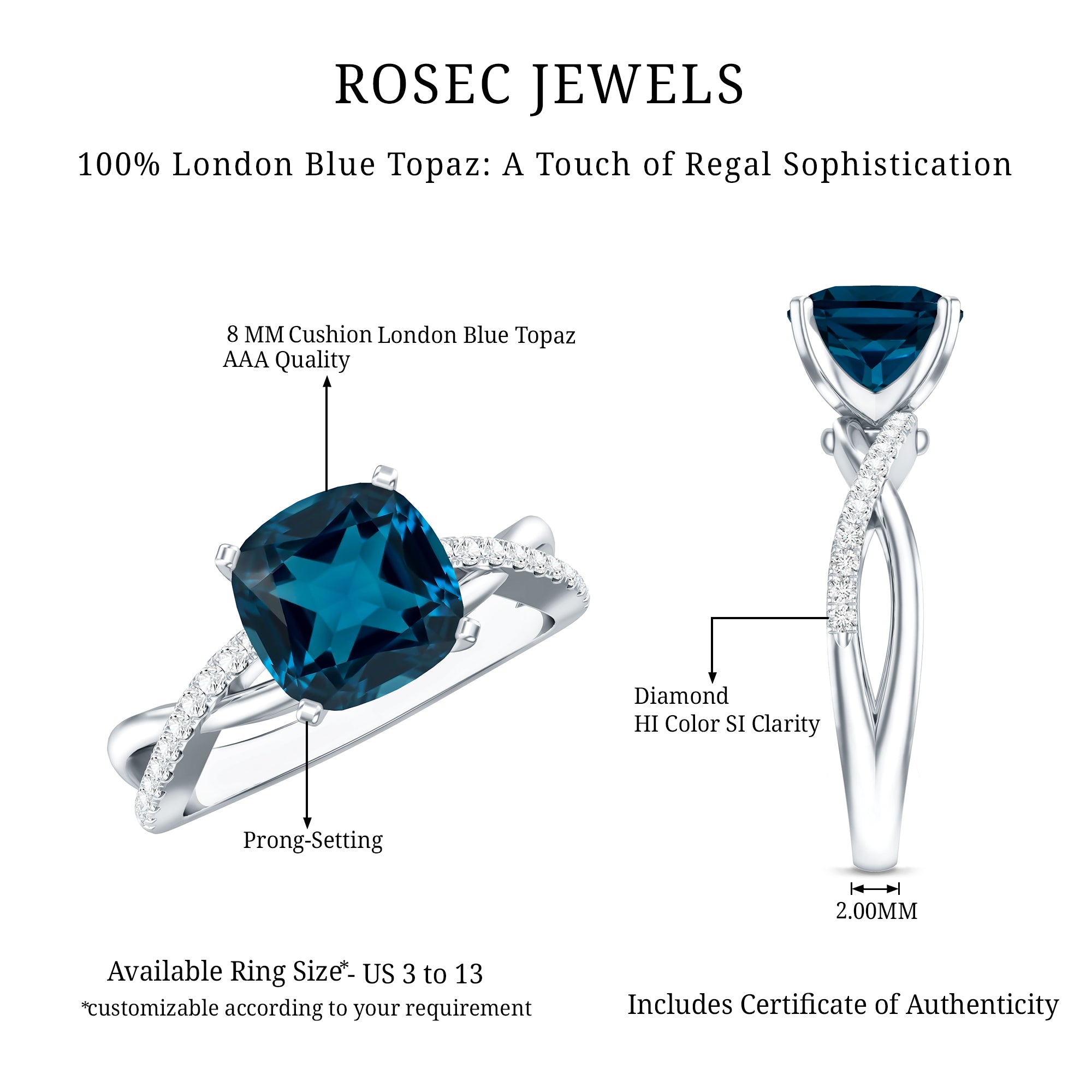 2.8 Carat Cushion Cut London Blue Topaz Solitaire Engagement Ring with Diamond Crossover Shank AAA - Rosec Jewels