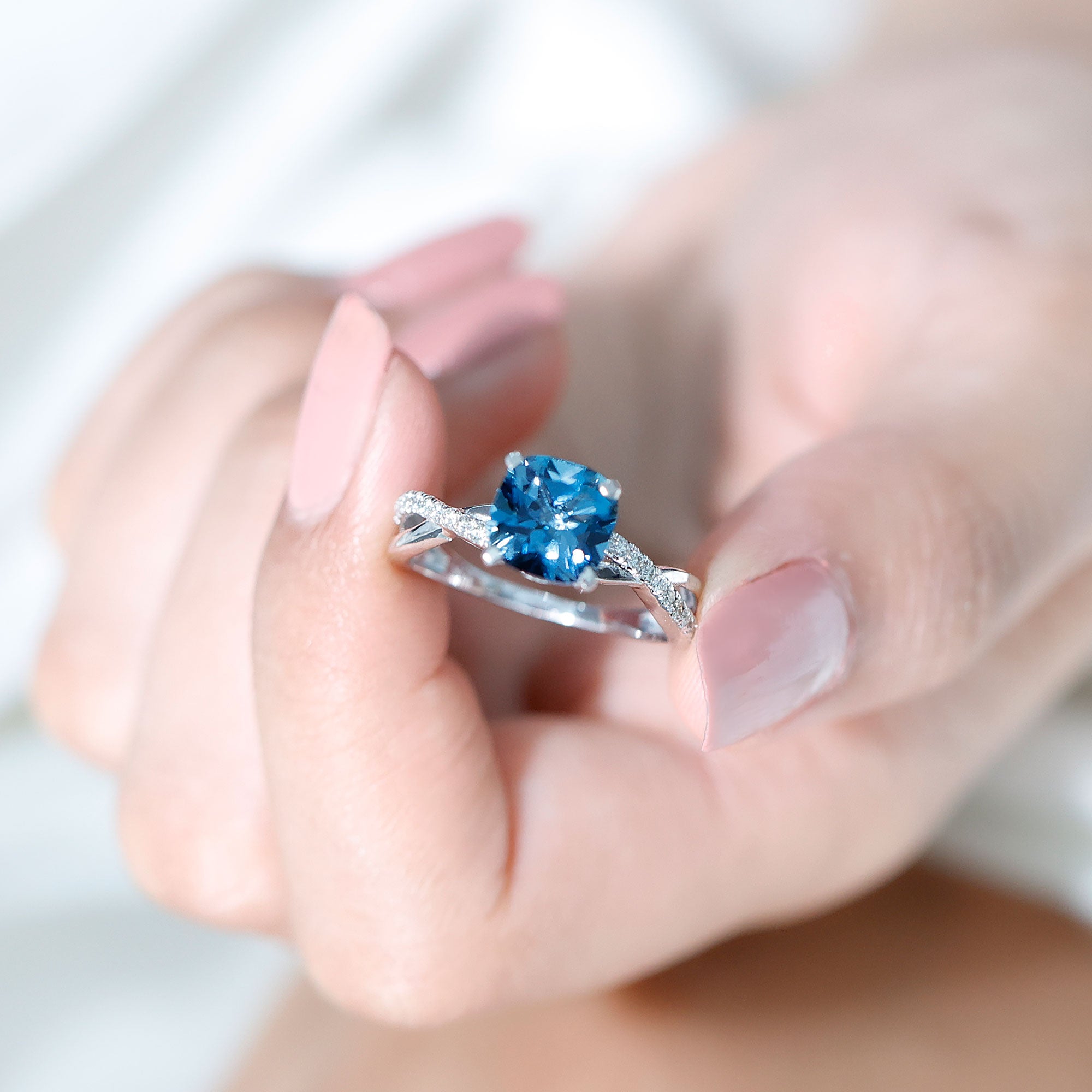 2.8 Carat Cushion Cut London Blue Topaz Solitaire Engagement Ring with Diamond Crossover Shank AAA - Rosec Jewels