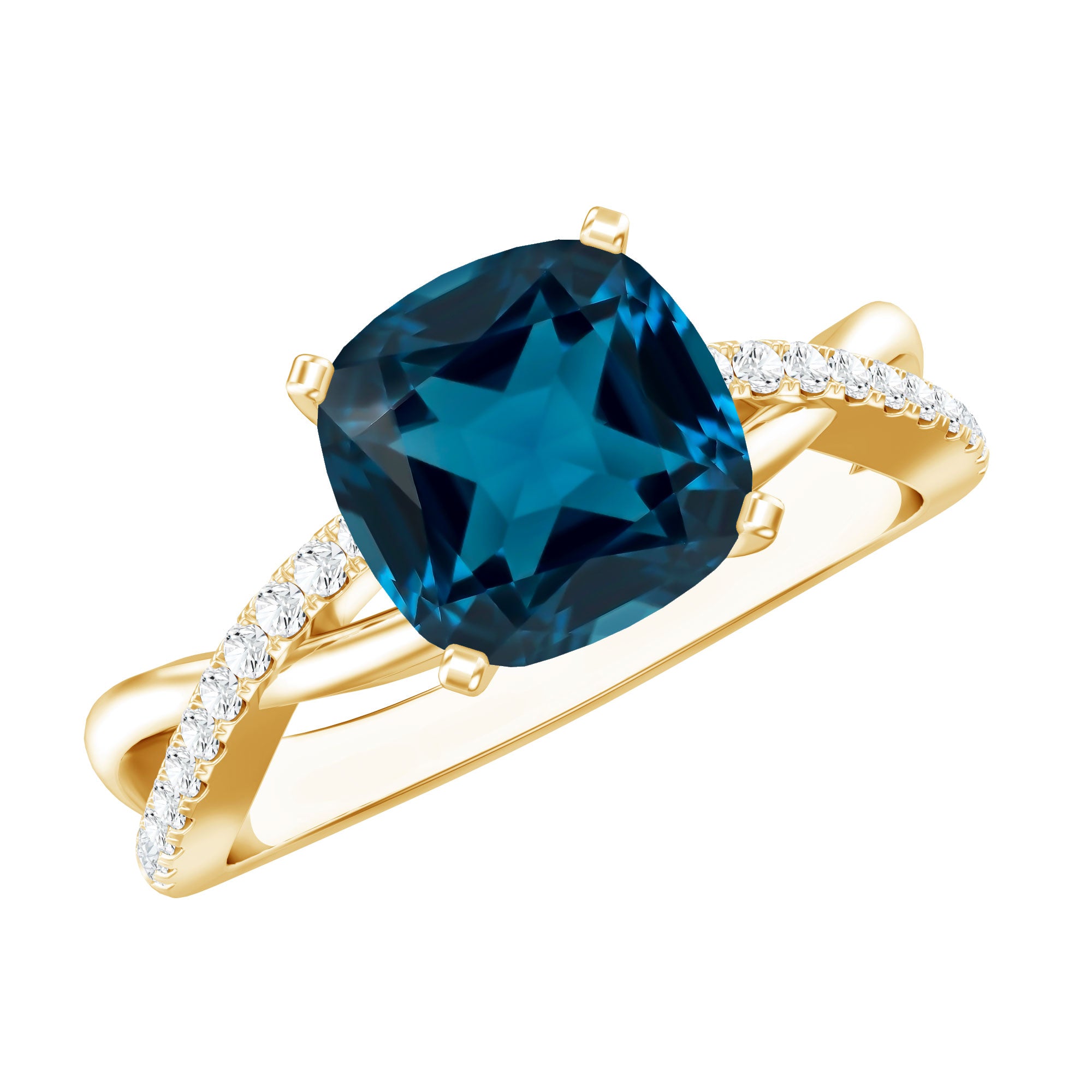 2.8 Carat Cushion Cut London Blue Topaz Solitaire Engagement Ring with Diamond Crossover Shank AAA - Rosec Jewels