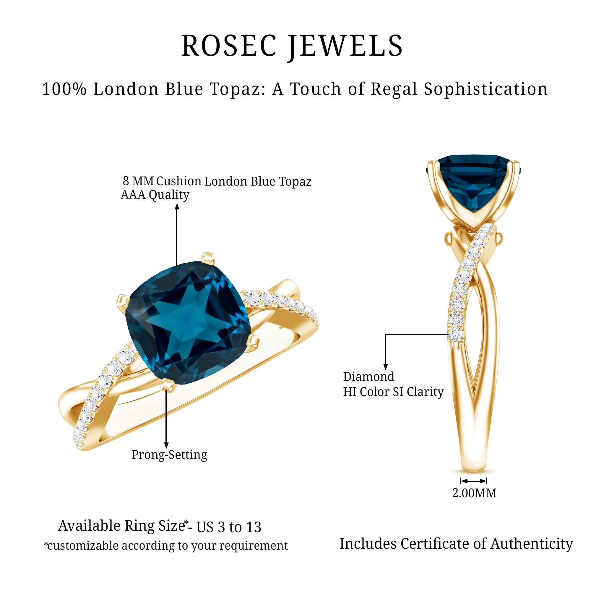 2.8 Carat Cushion Cut London Blue Topaz Solitaire Engagement Ring with Diamond Crossover Shank AAA - Rosec Jewels