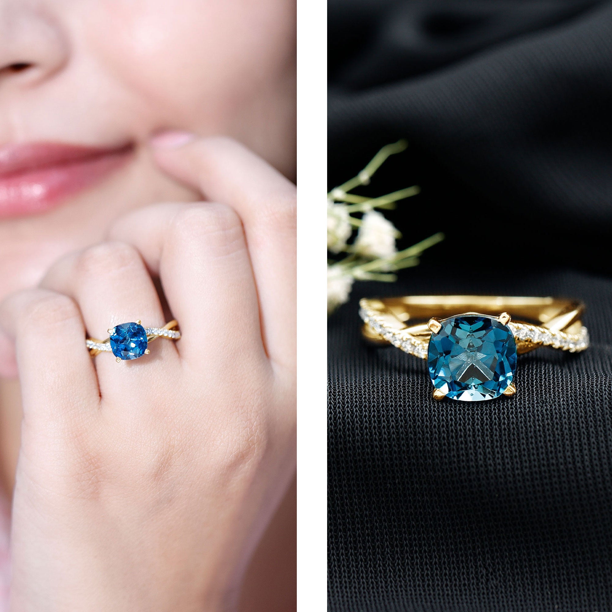 2.8 Carat Cushion Cut London Blue Topaz Solitaire Engagement Ring with Diamond Crossover Shank AAA - Rosec Jewels