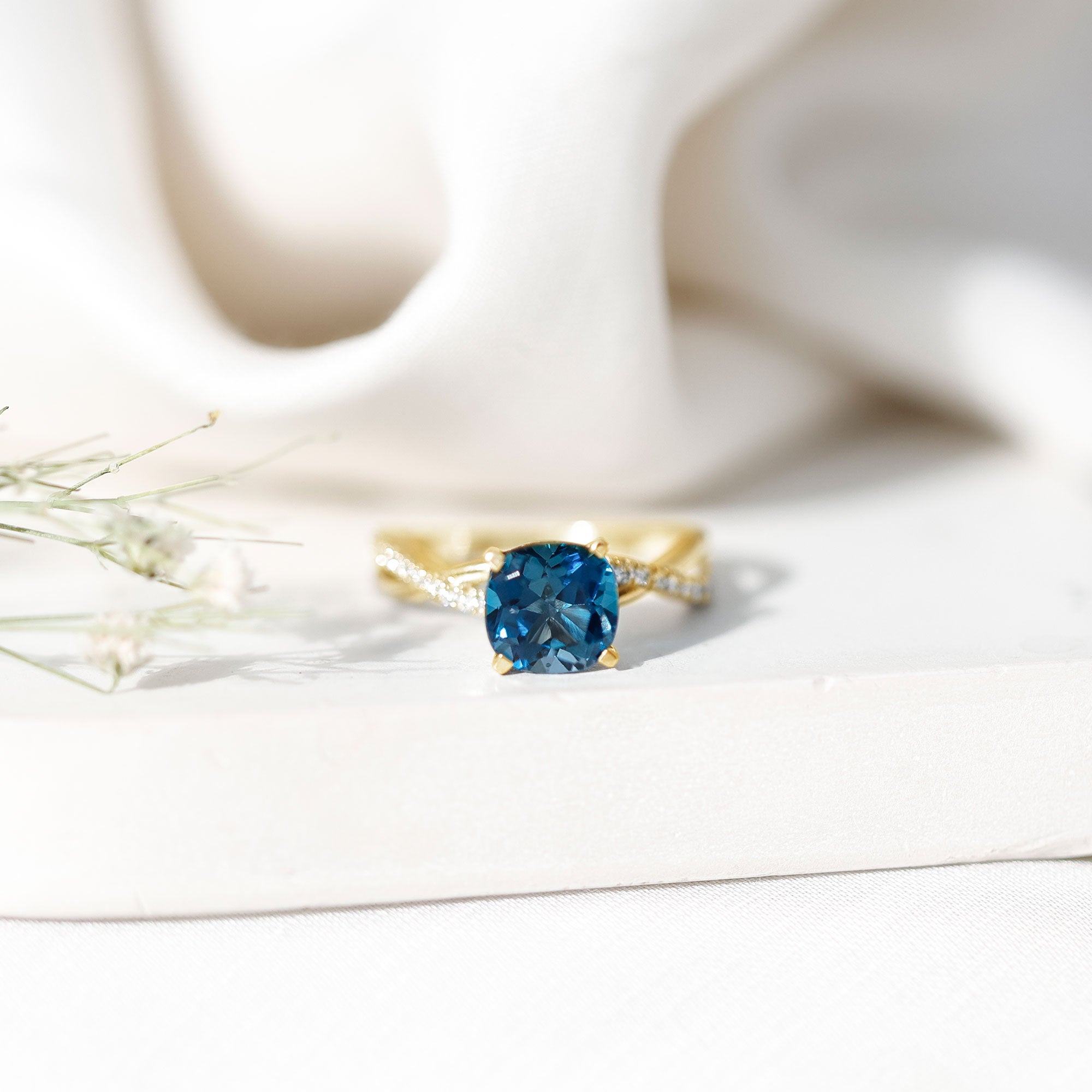 2.8 Carat Cushion Cut London Blue Topaz Solitaire Engagement Ring with Diamond Crossover Shank AAA - Rosec Jewels