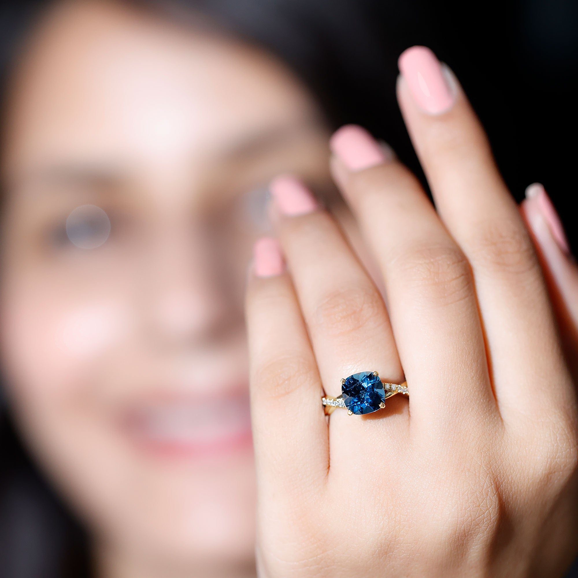 2.8 Carat Cushion Cut London Blue Topaz Solitaire Engagement Ring with Diamond Crossover Shank AAA - Rosec Jewels