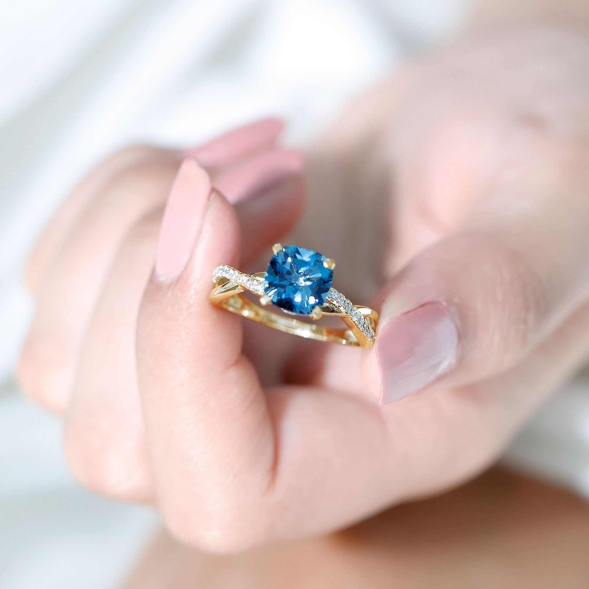 2.8 Carat Cushion Cut London Blue Topaz Solitaire Engagement Ring with Diamond Crossover Shank AAA - Rosec Jewels