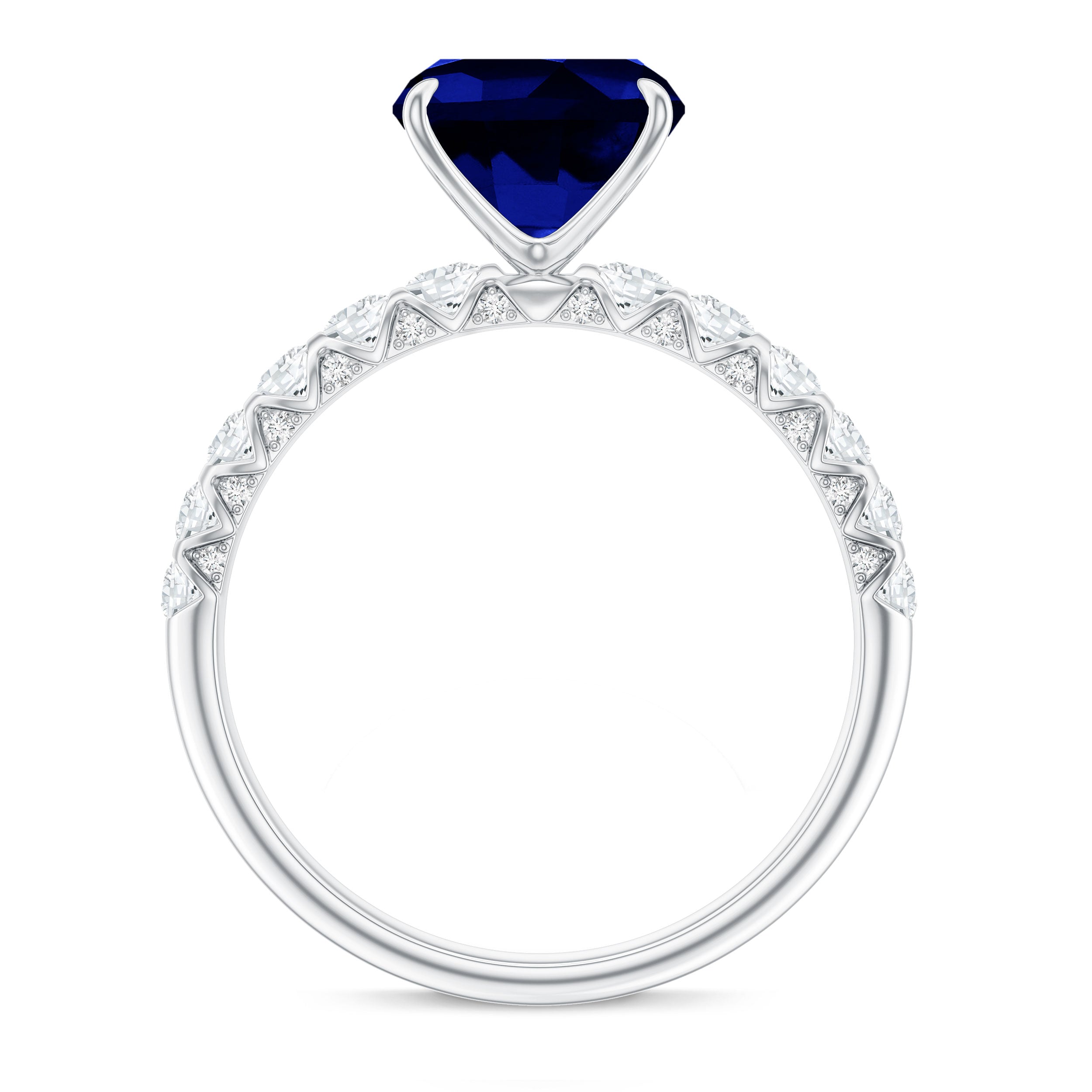 Classic 2.75 Carat Lab Grown Blue Sapphire Cushion Cut Engagement Ring with Diamond AAAA - Rosec Jewels
