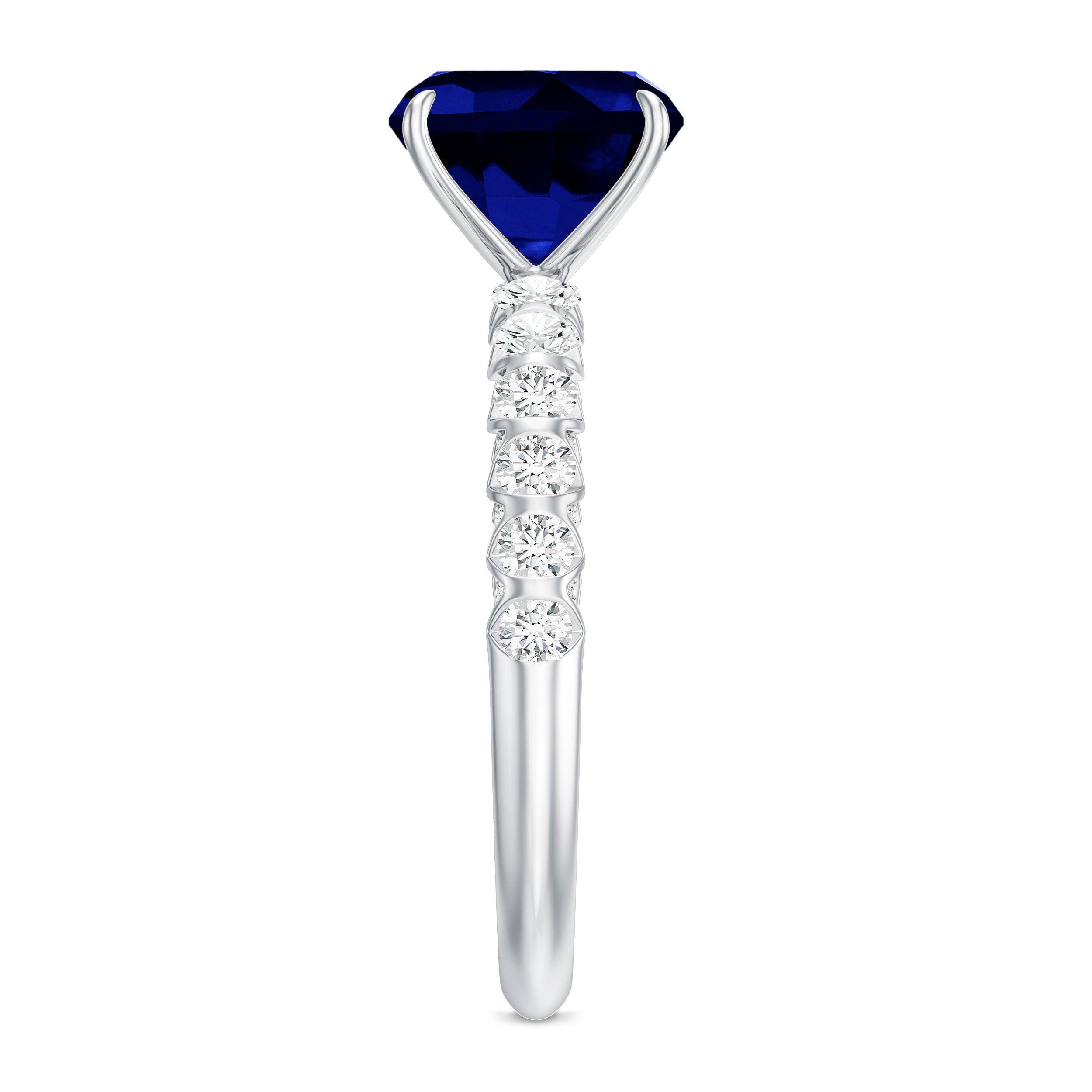 Classic 2.75 Carat Lab Grown Blue Sapphire Cushion Cut Engagement Ring with Diamond AAAA - Rosec Jewels