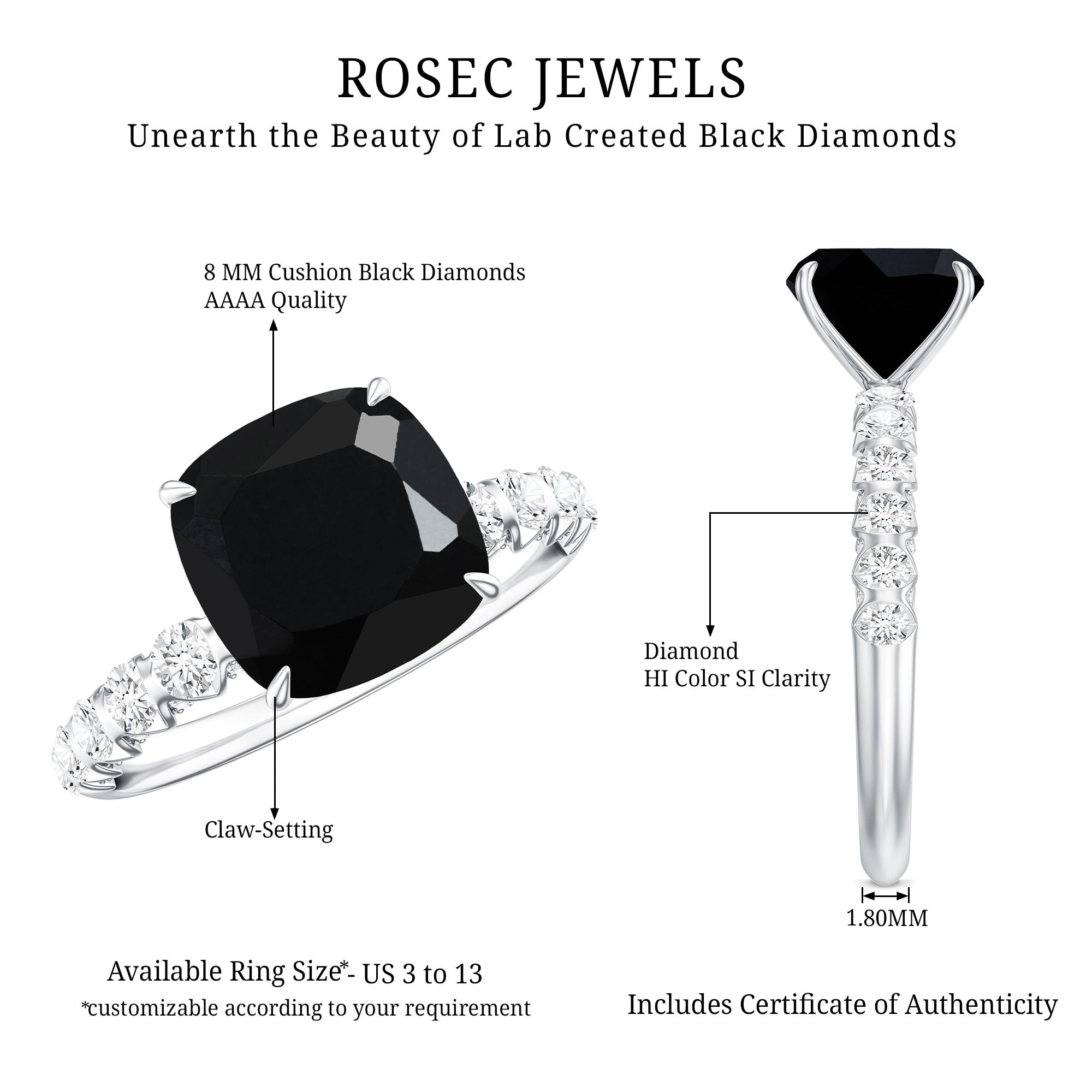 Cushion Cut Created Black Diamond and Diamond Solitaire Ring AAAA ( Synthetic ) - Rosec Jewels