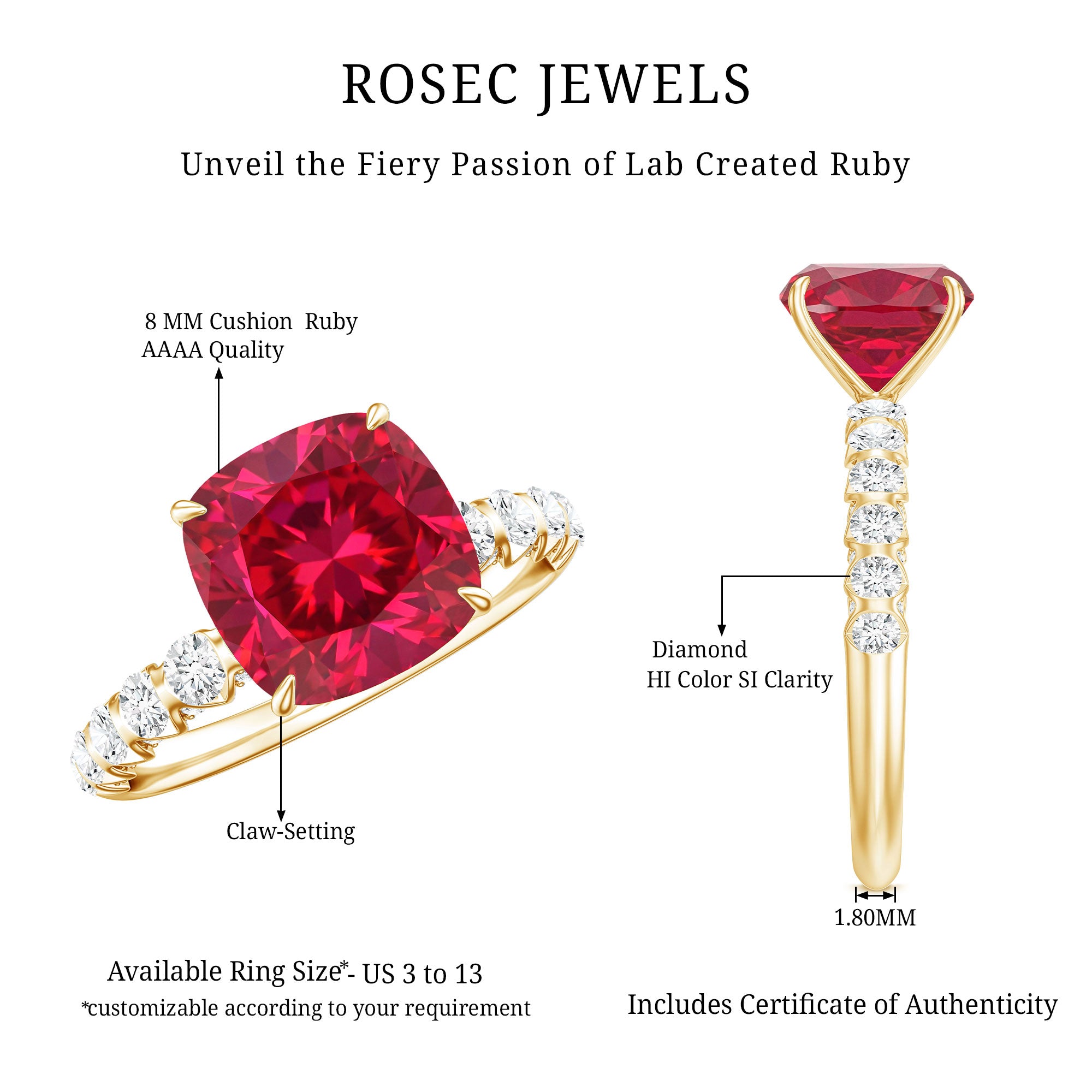 2 Carat Cushion Cut Lab Created Ruby Engagement Ring with Diamond Side Stones AAAA - Rosec Jewels