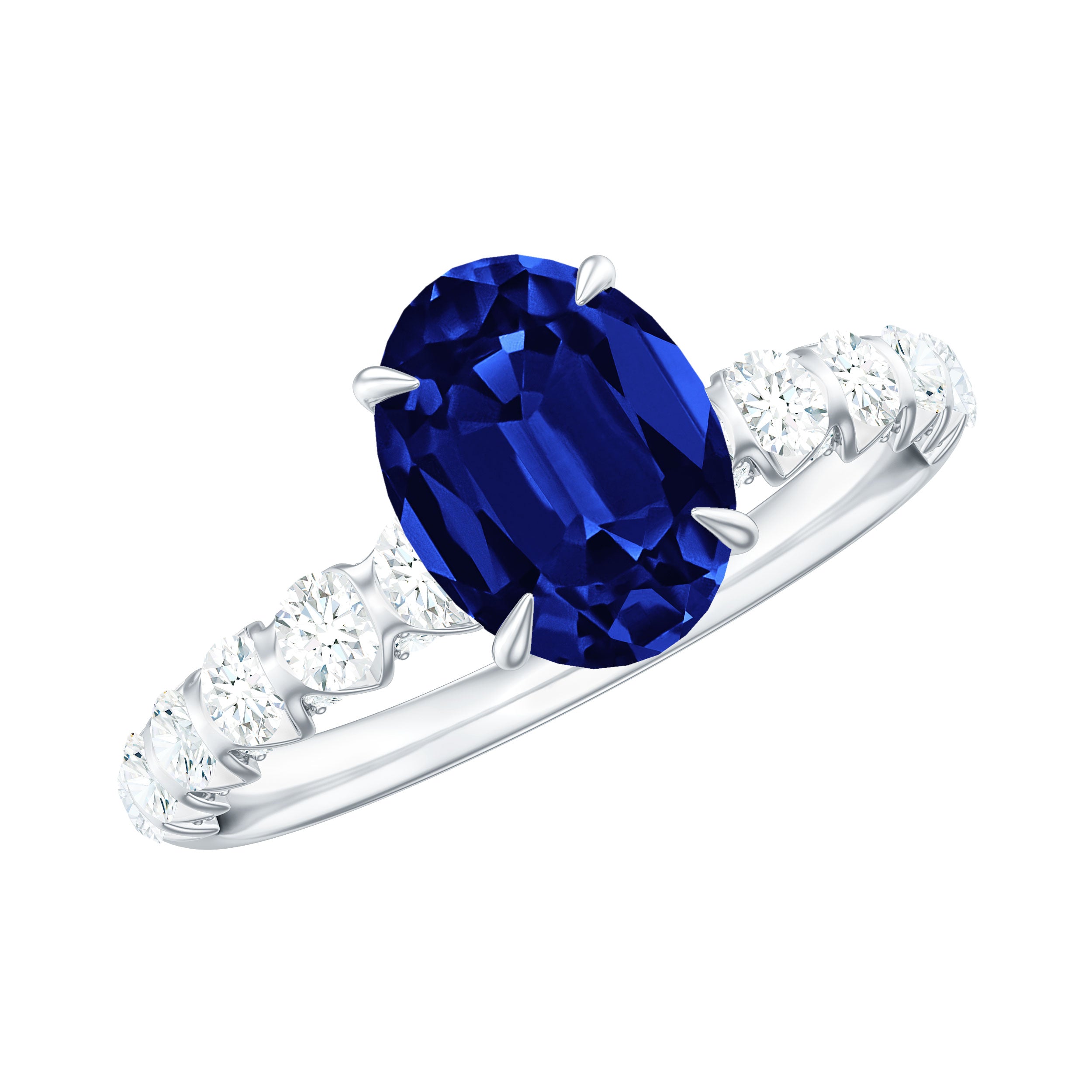 2.25 CT Oval Cut Created Blue Sapphire Solitaire and Diamond Side Stones