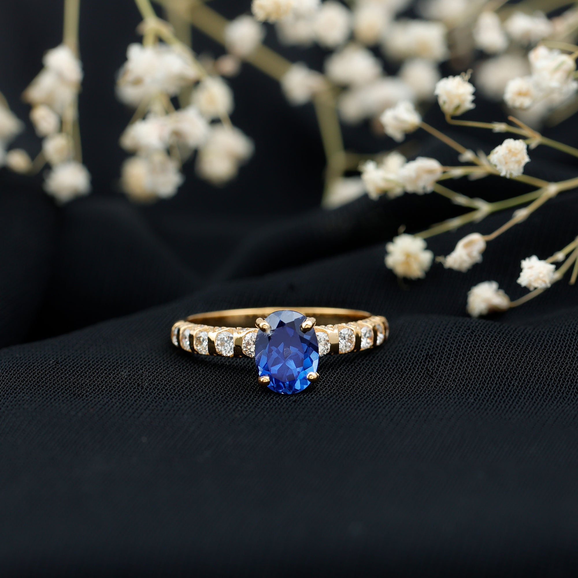 Certified 1.5 Carat Oval Lab Grown Blue Sapphire Engagement Ring with Diamond AAAA - Rosec Jewels