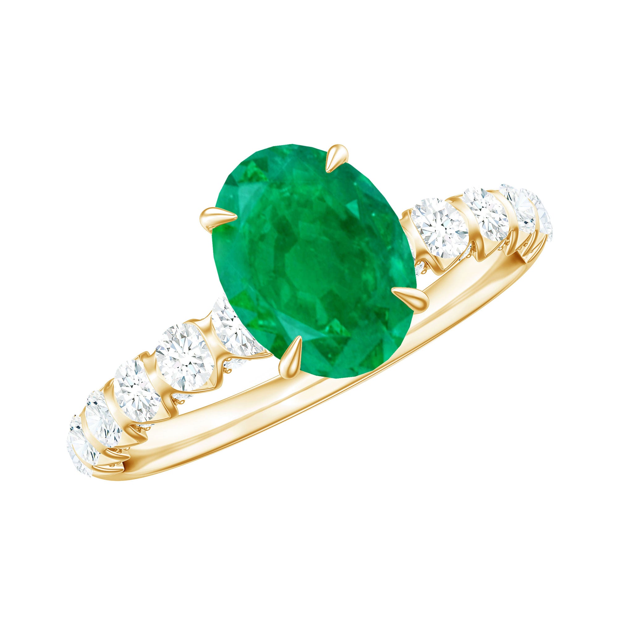 Natural 6X8mm Emerald Oval Engagement Ring with Diamond Side Stones AAA - Rosec Jewels