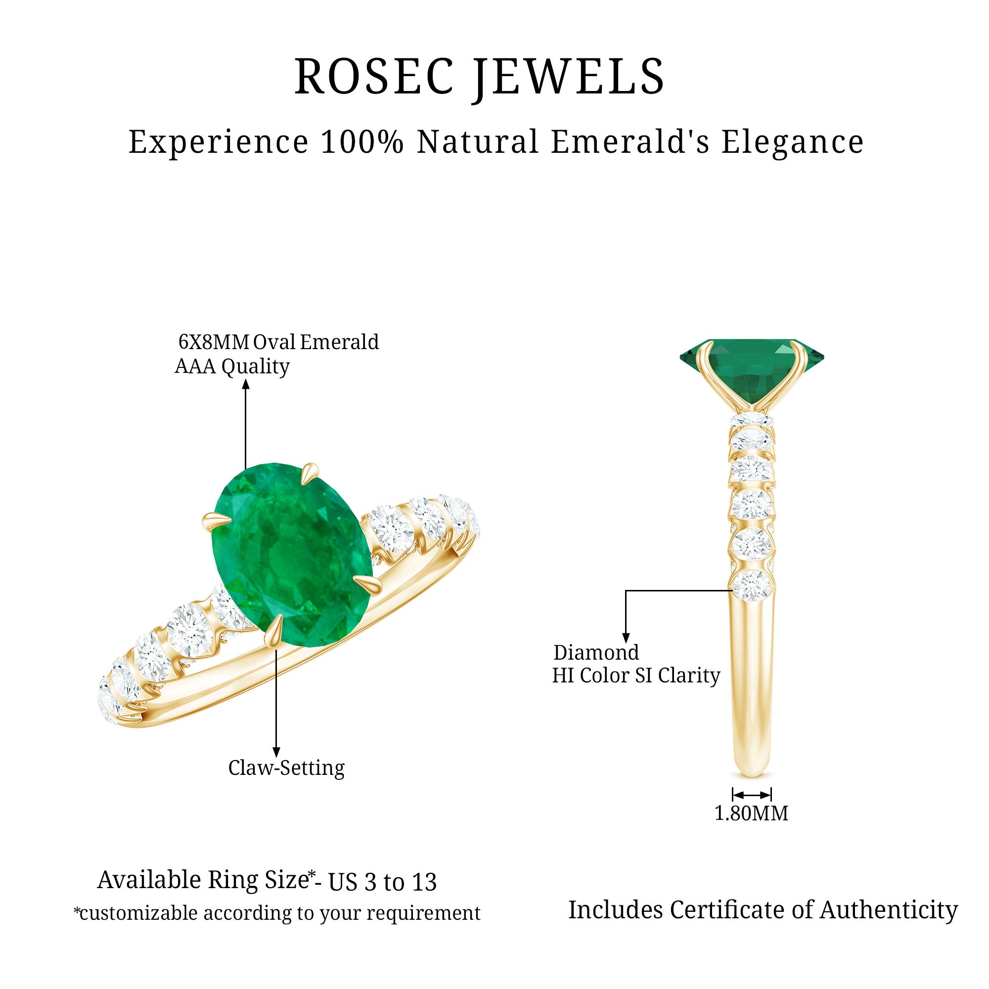 Natural 6X8mm Emerald Oval Engagement Ring with Diamond Side Stones AAA - Rosec Jewels