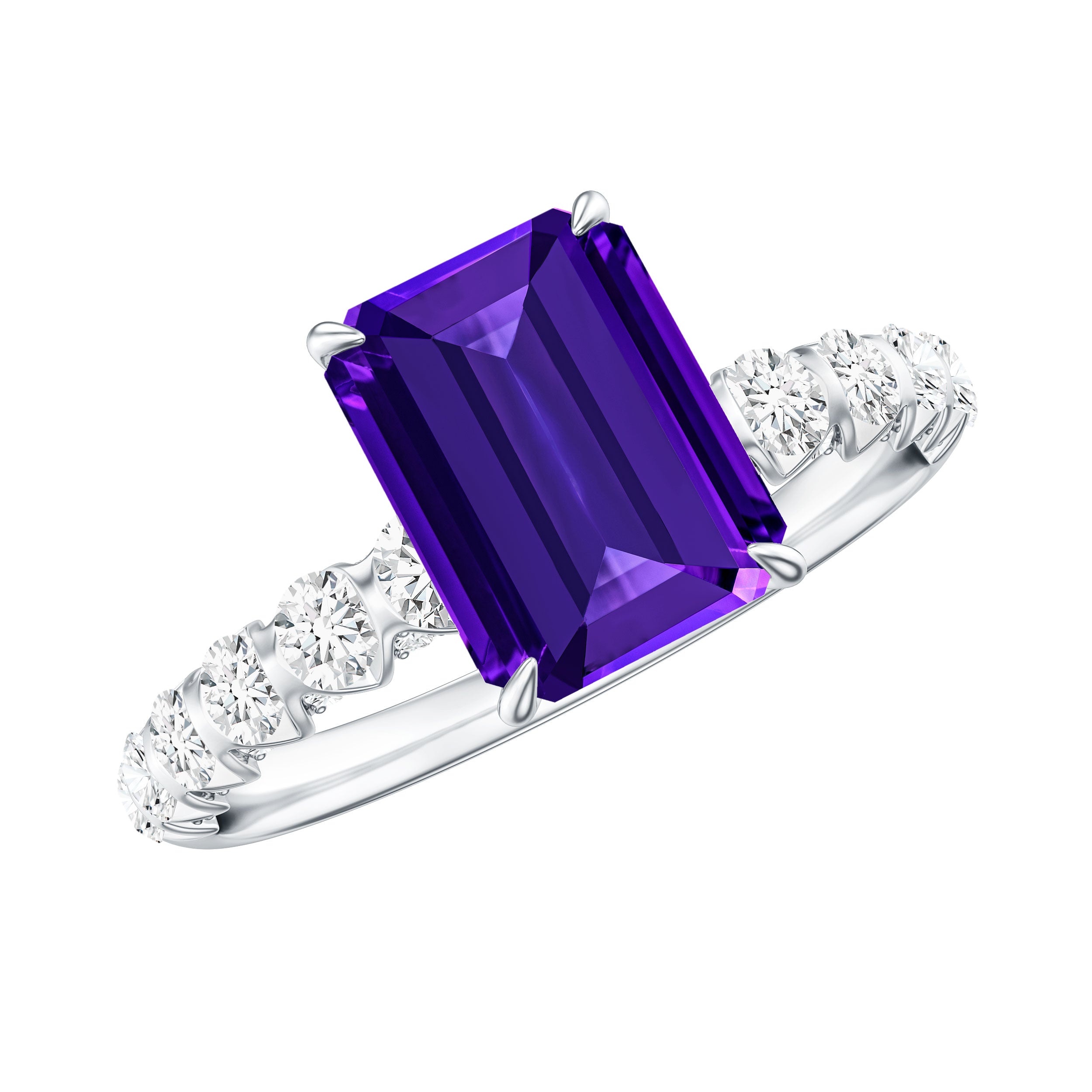 Real 1.4 Carat Amethyst Emerald Cut Engagement Ring with Diamond AAA - Rosec Jewels