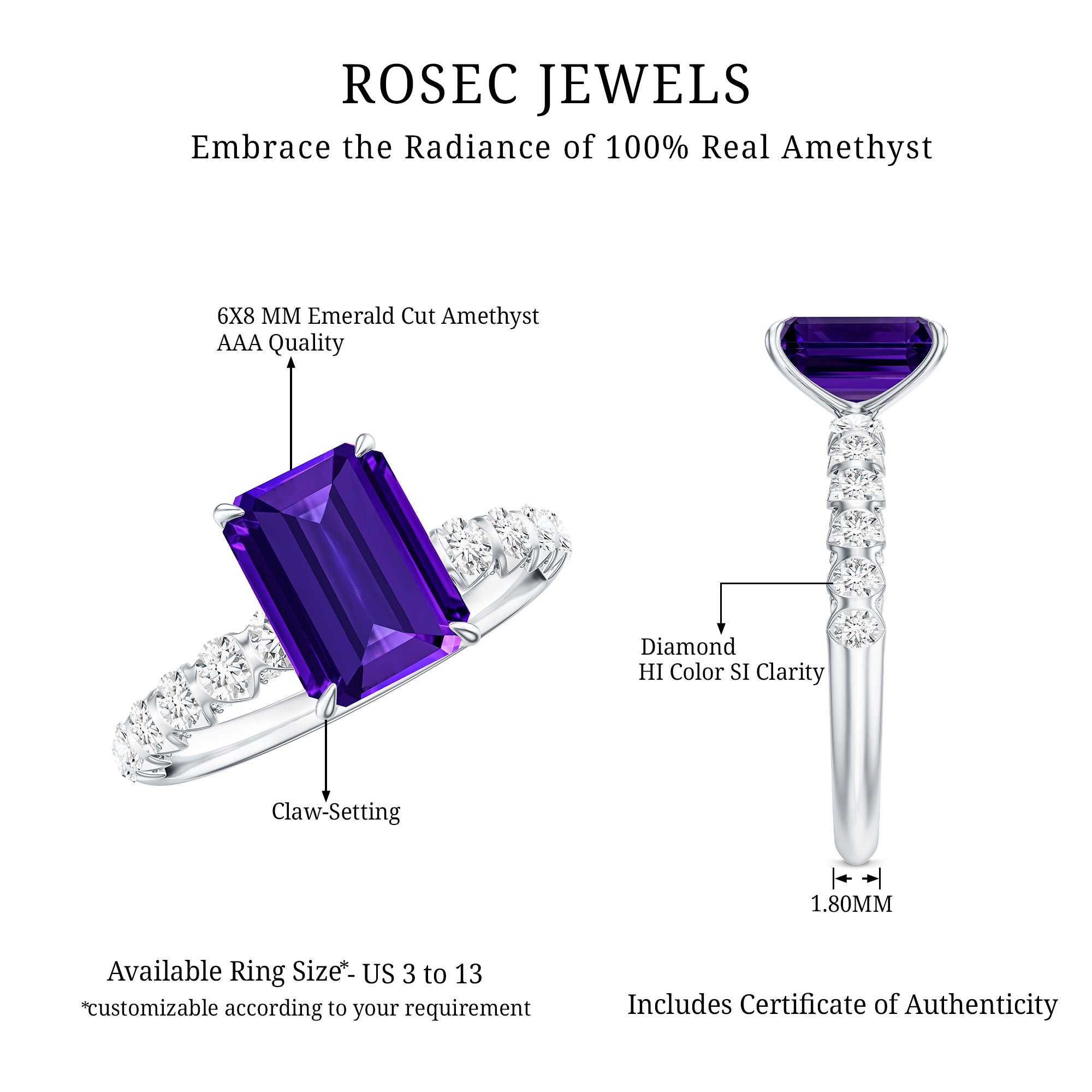Real 1.4 Carat Amethyst Emerald Cut Engagement Ring with Diamond AAA - Rosec Jewels