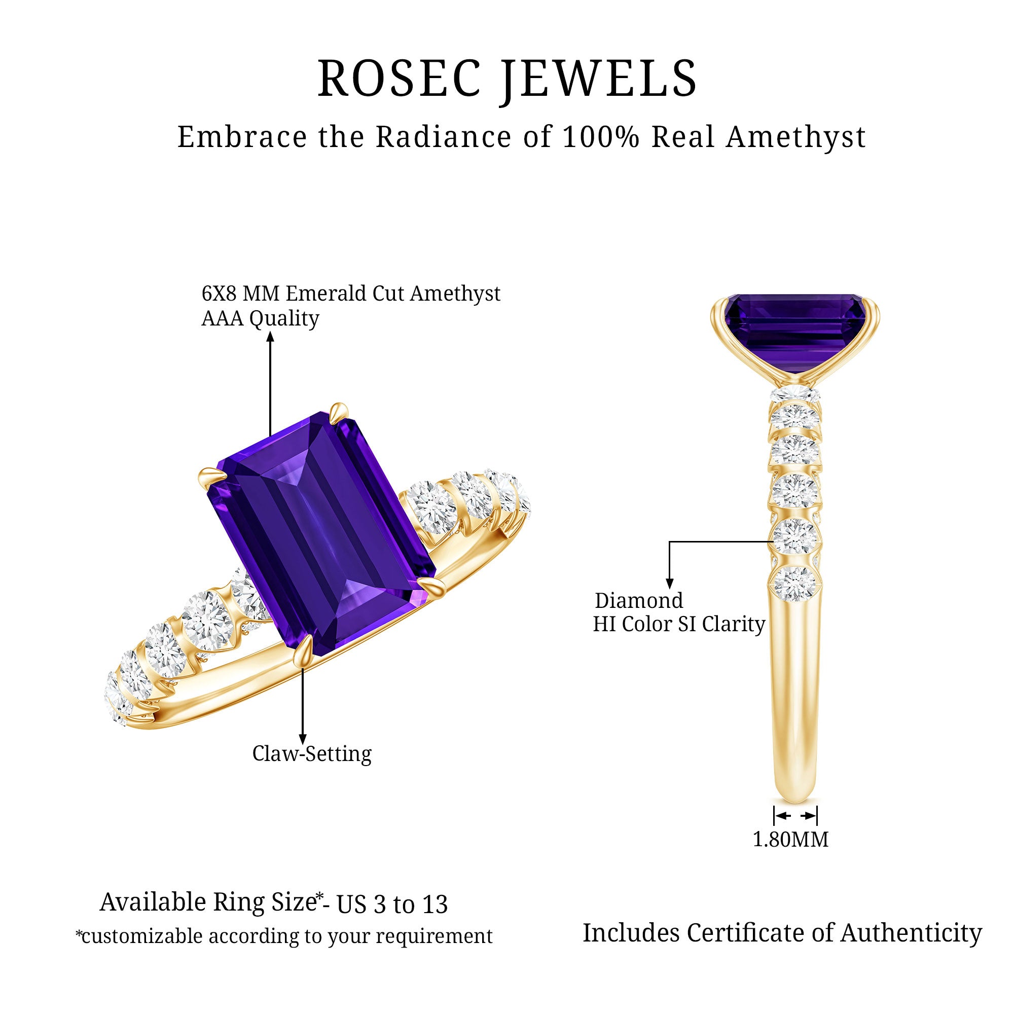 Real 1.4 Carat Amethyst Emerald Cut Engagement Ring with Diamond AAA - Rosec Jewels