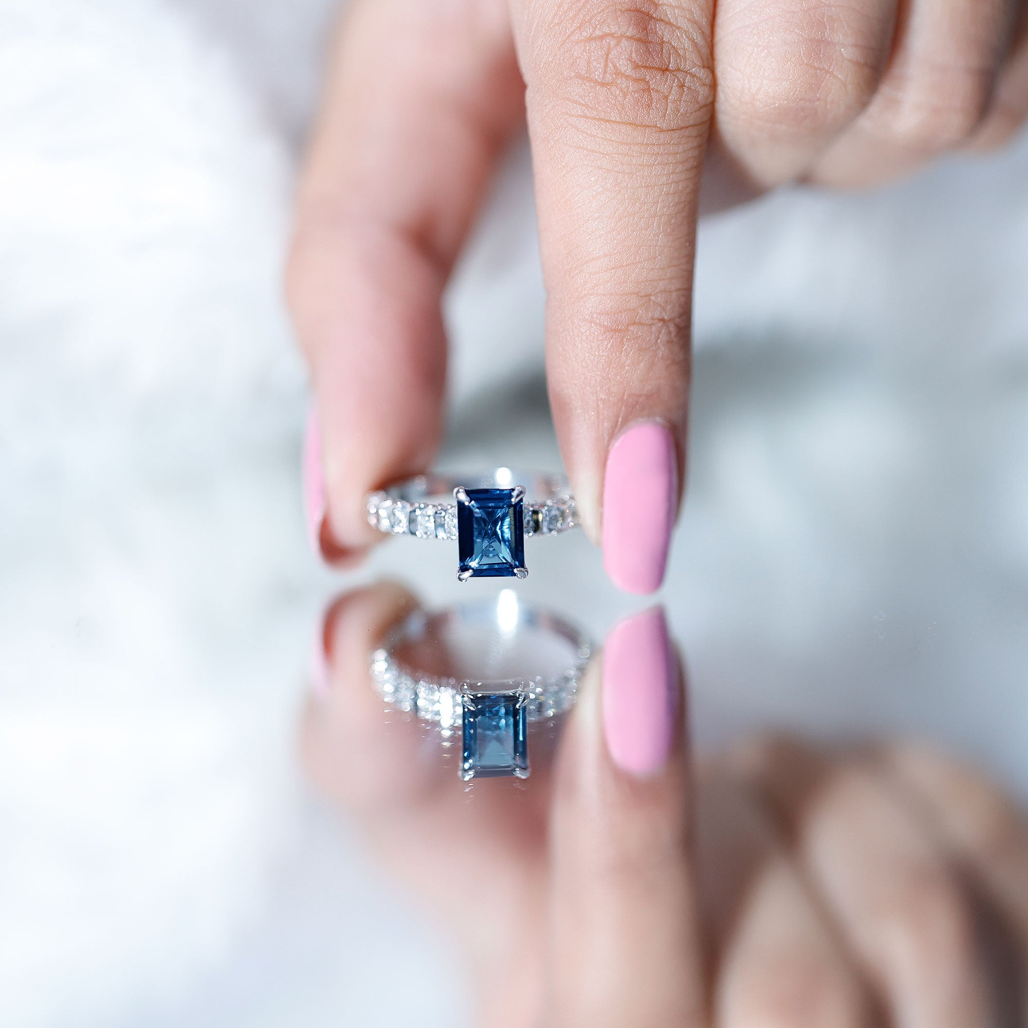 6X8mm Emerald Cut London Blue Topaz Engagement Ring with Diamond Side Stones AAA - Rosec Jewels