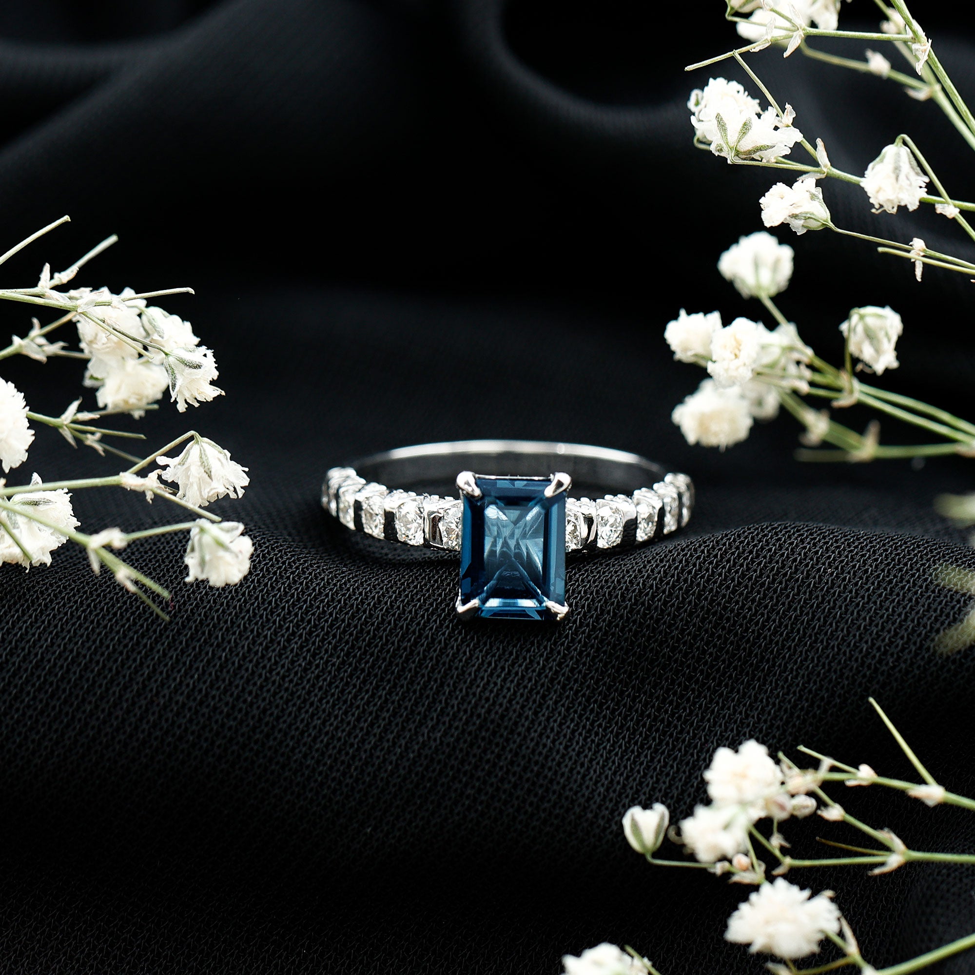 2.25 Carat Emerald Cut London Blue Topaz Engagement Ring with Diamond Side Stones AAA - Rosec Jewels