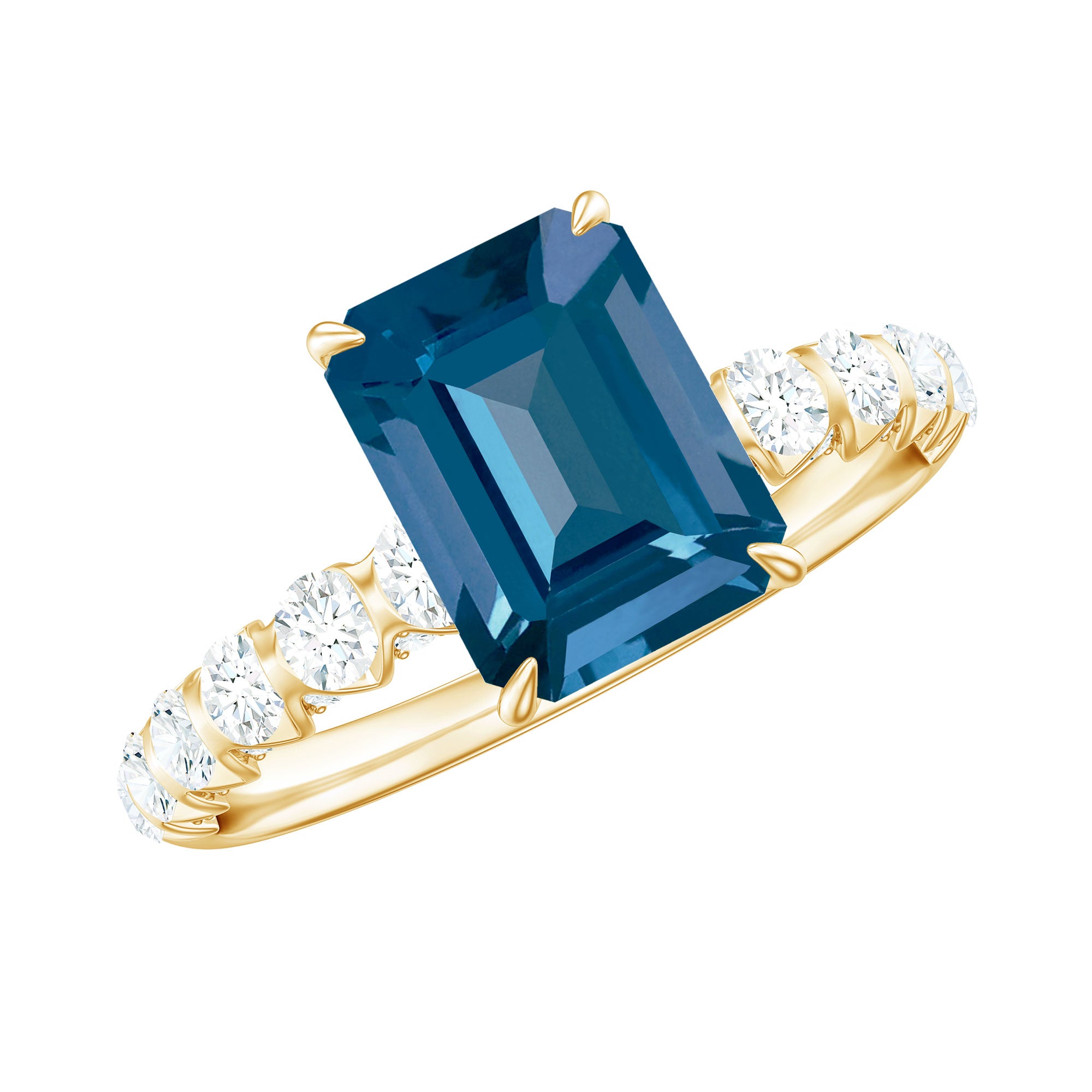 6X8mm Emerald Cut London Blue Topaz Engagement Ring with Diamond Side Stones AAA - Rosec Jewels