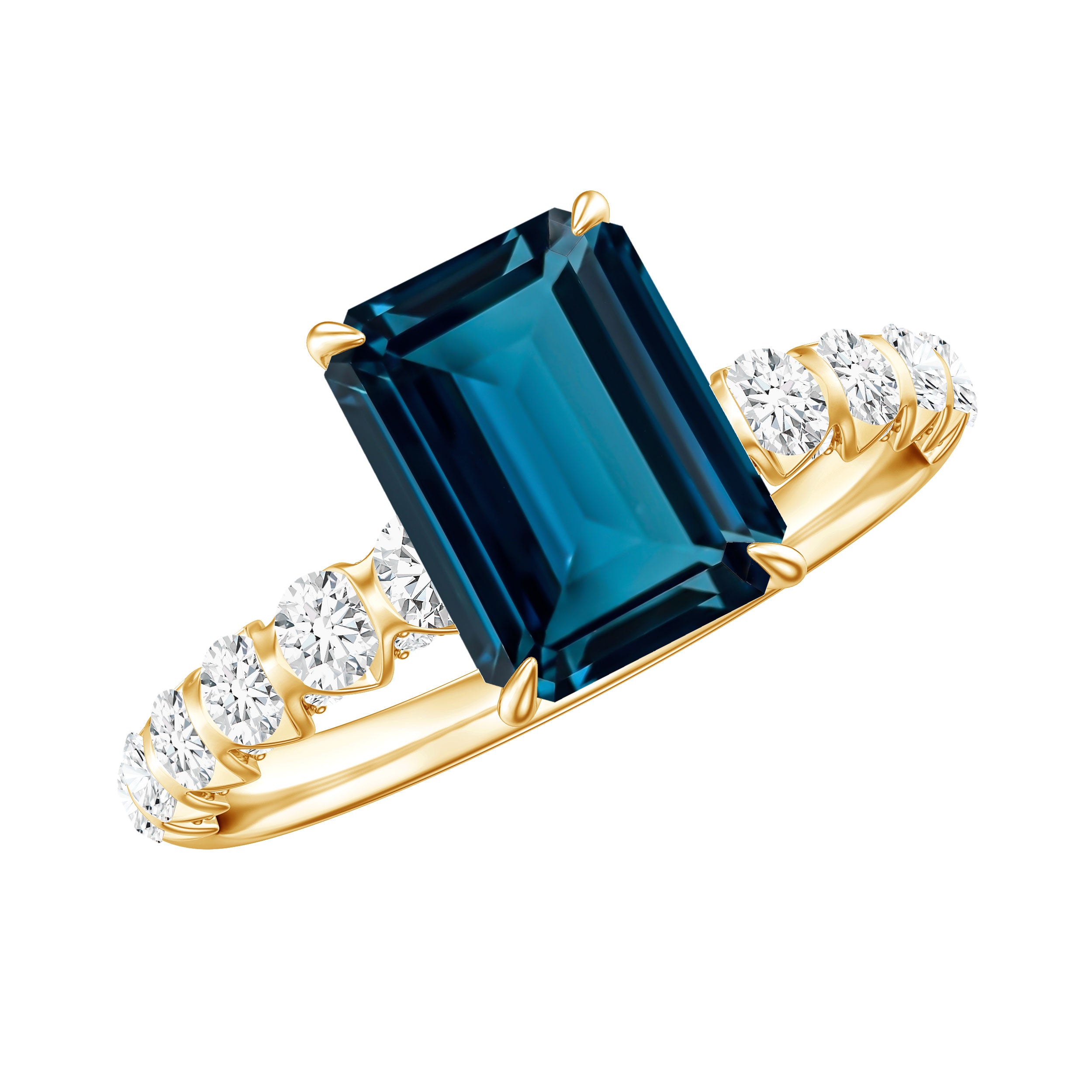 2.25 Carat Emerald Cut London Blue Topaz Engagement Ring with Diamond Side Stones AAA - Rosec Jewels