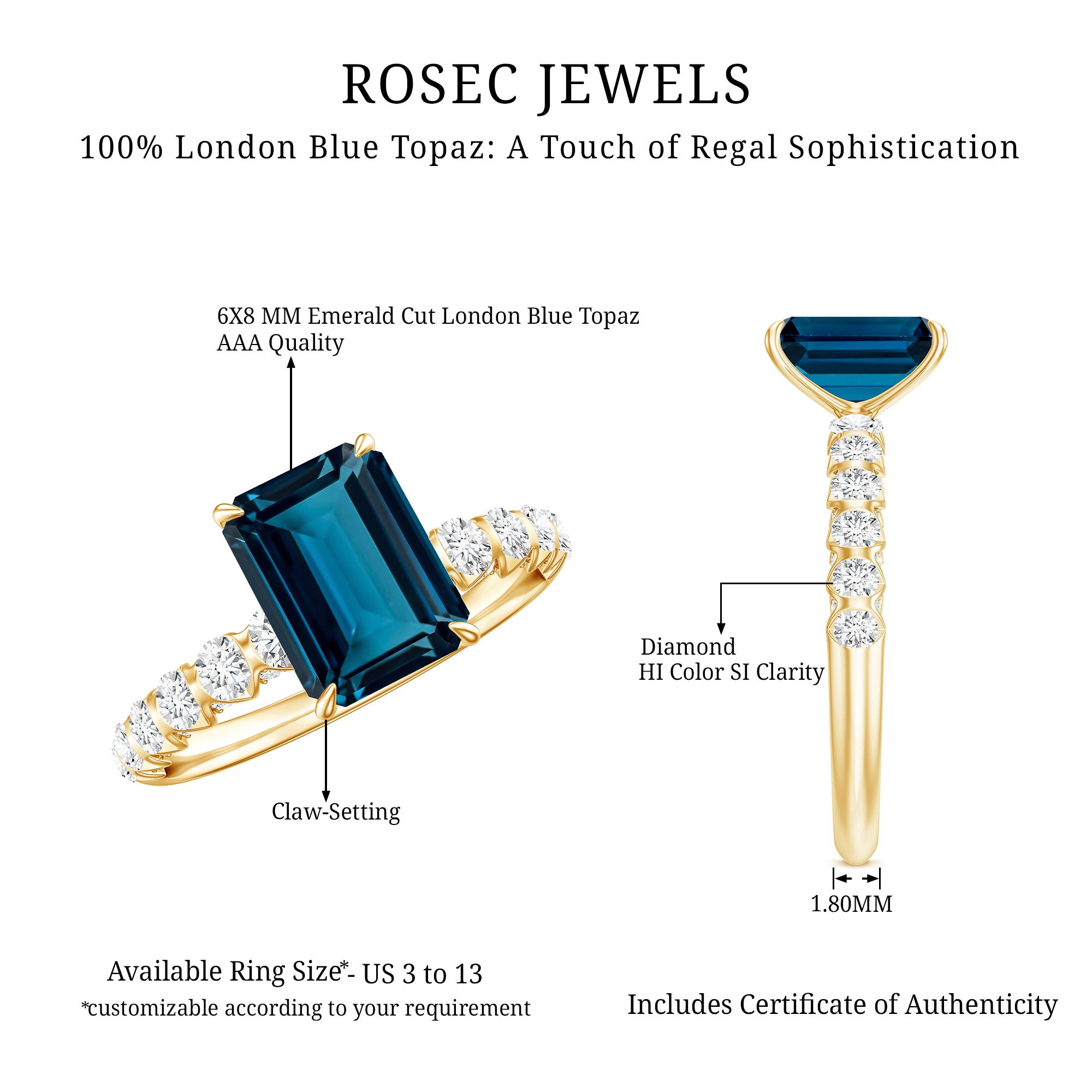 2.25 Carat Emerald Cut London Blue Topaz Engagement Ring with Diamond Side Stones AAA - Rosec Jewels