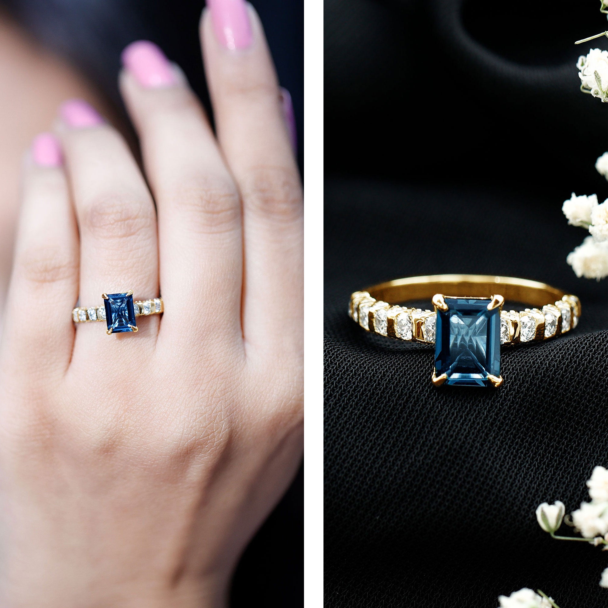 6X8mm Emerald Cut London Blue Topaz Engagement Ring with Diamond Side Stones AAA - Rosec Jewels