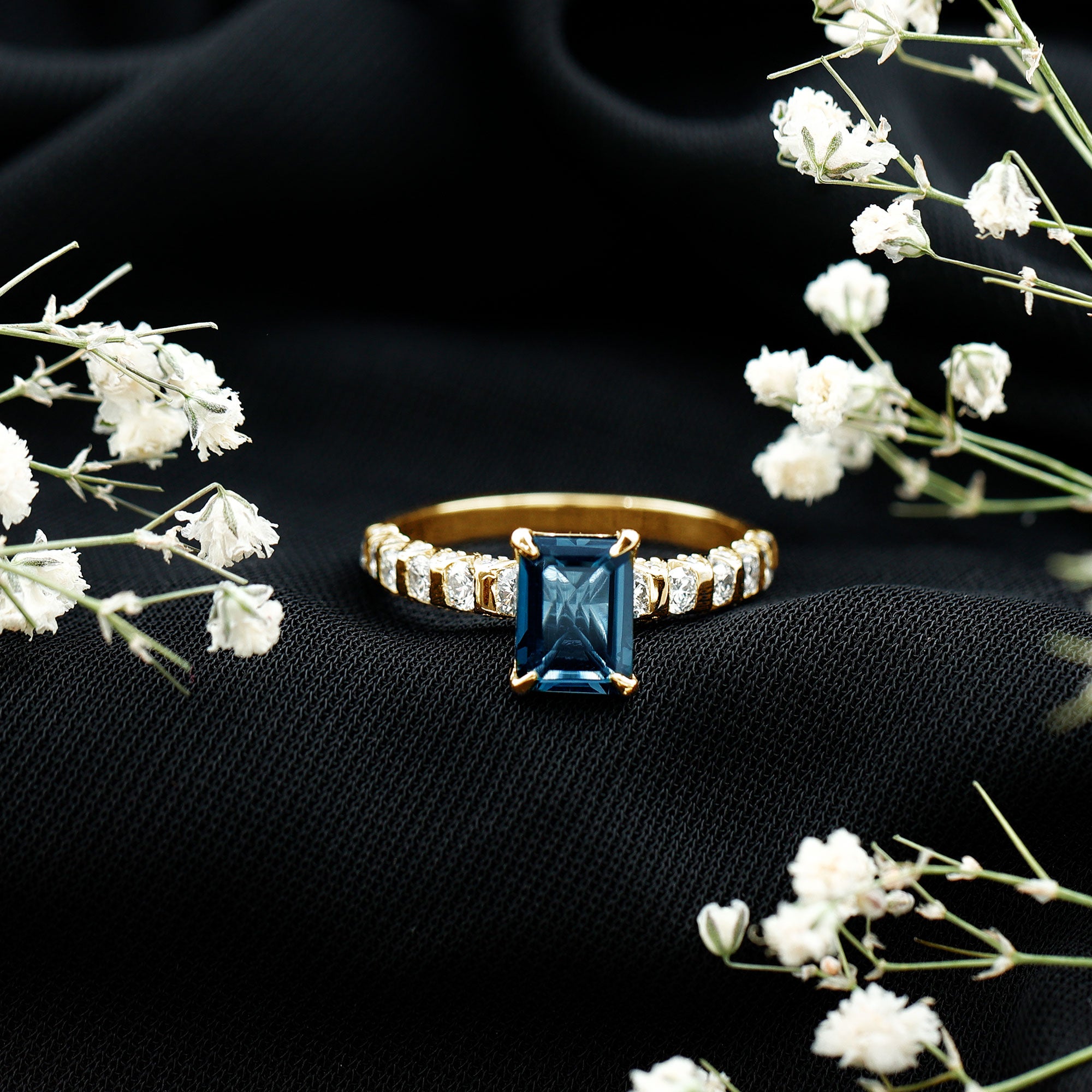 6X8mm Emerald Cut London Blue Topaz Engagement Ring with Diamond Side Stones AAA - Rosec Jewels