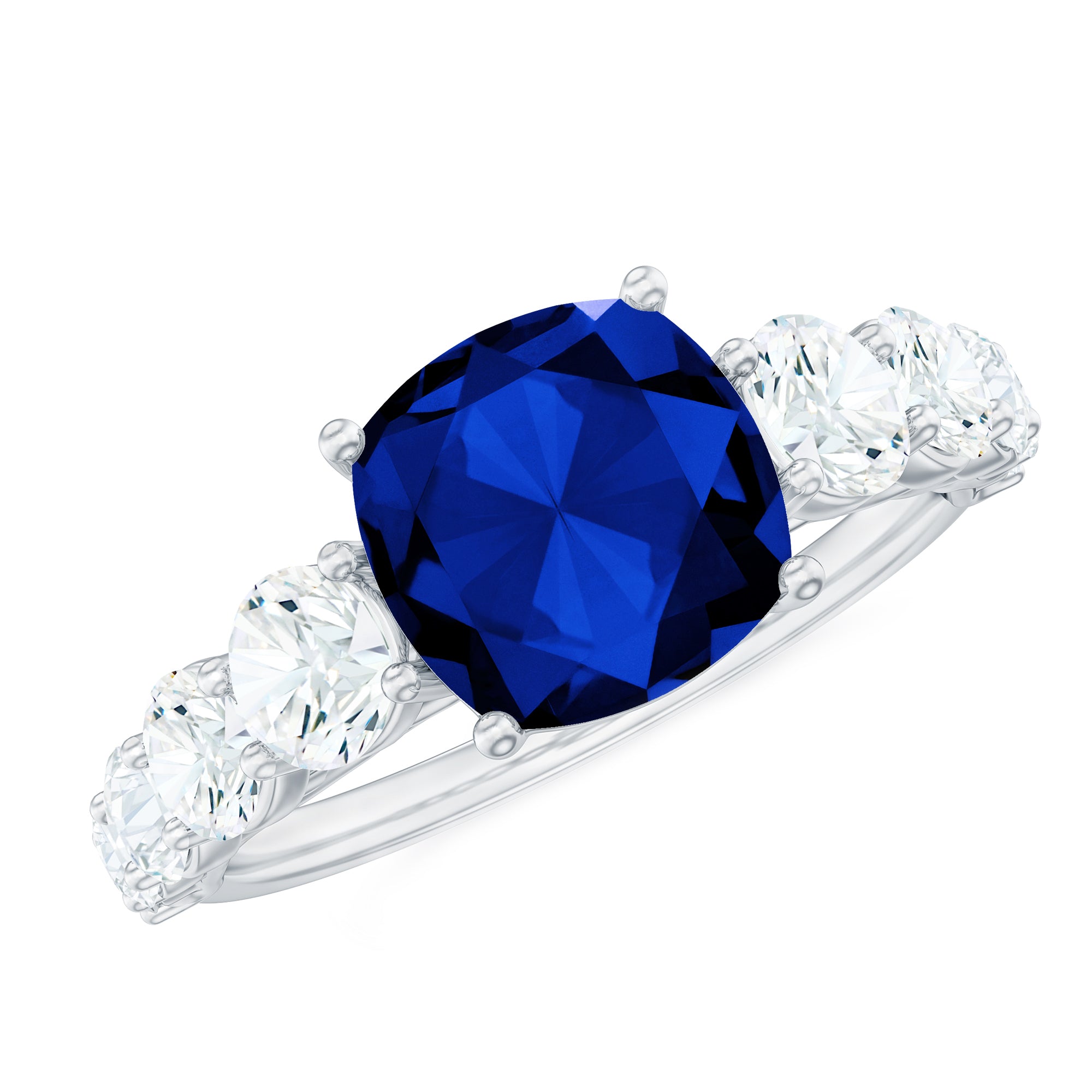Cushion Cut Lab Grown Blue Sapphire Solitaire Ring with Moissanite