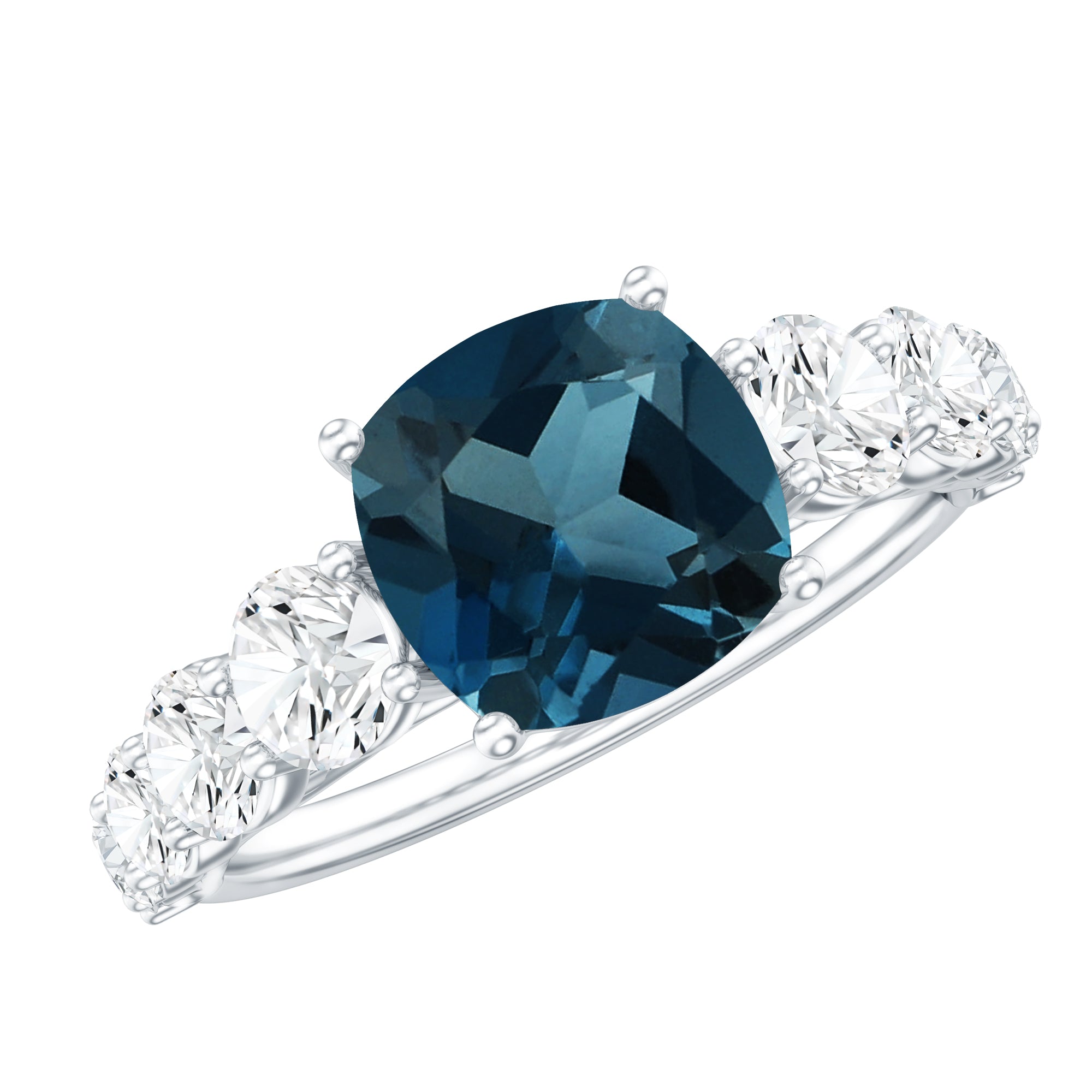 8mm Cushion Cut London Blue Topaz Solitaire Engagement Ring with Moissanite Side Stones AAA - Rosec Jewels