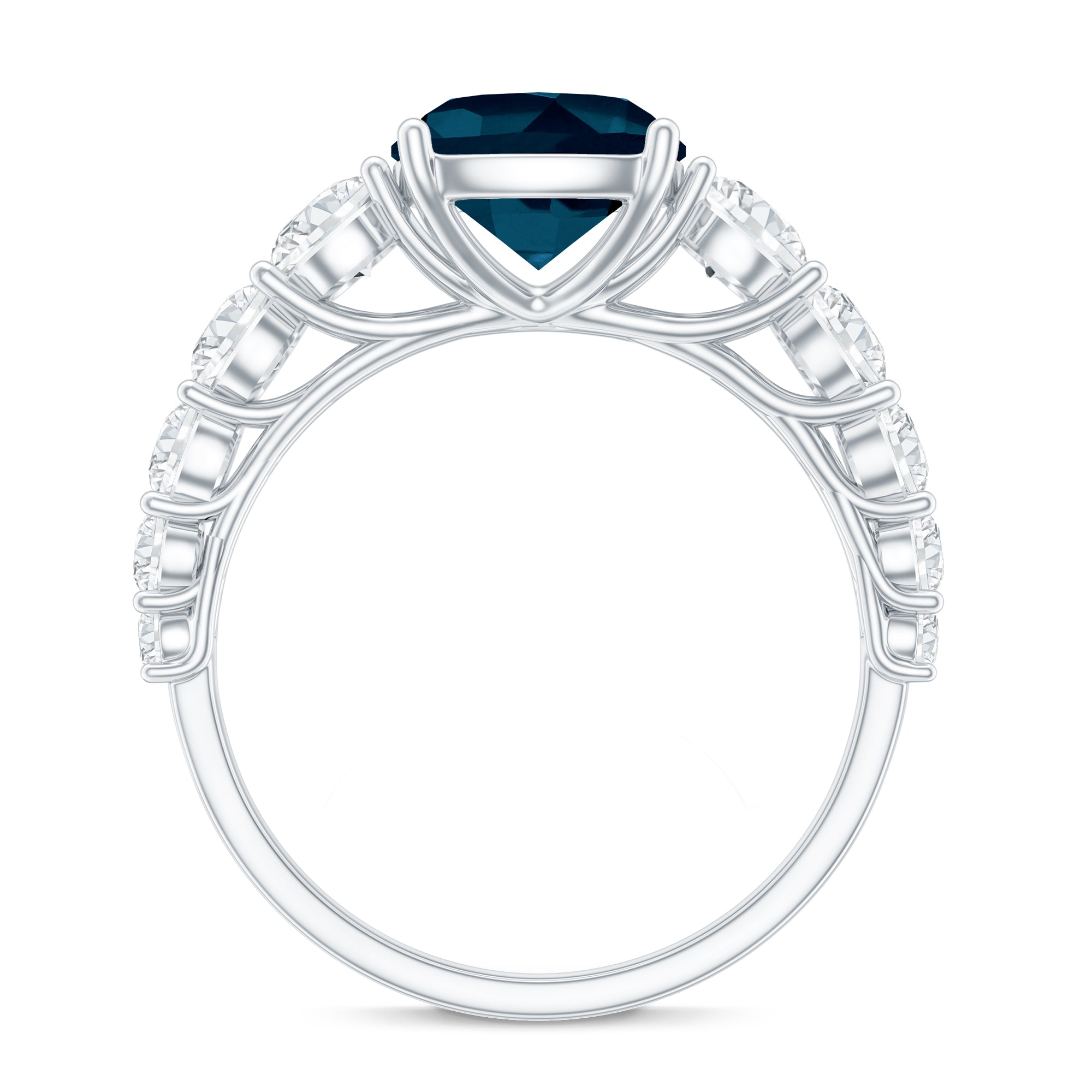 8mm Cushion Cut London Blue Topaz Solitaire Engagement Ring with Moissanite Side Stones AAA - Rosec Jewels